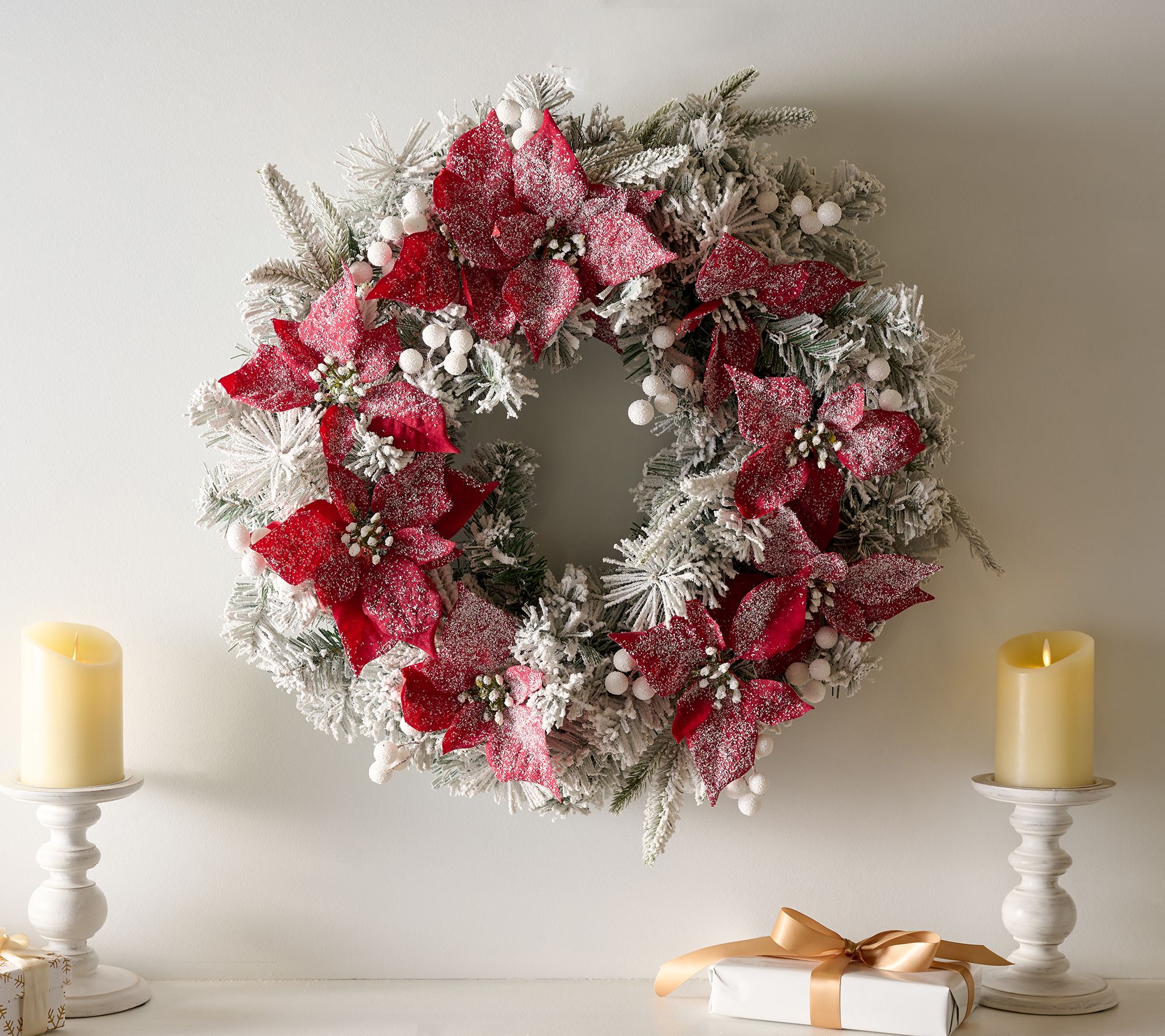 24" Flocked Poinsettia Wreath by Valerie