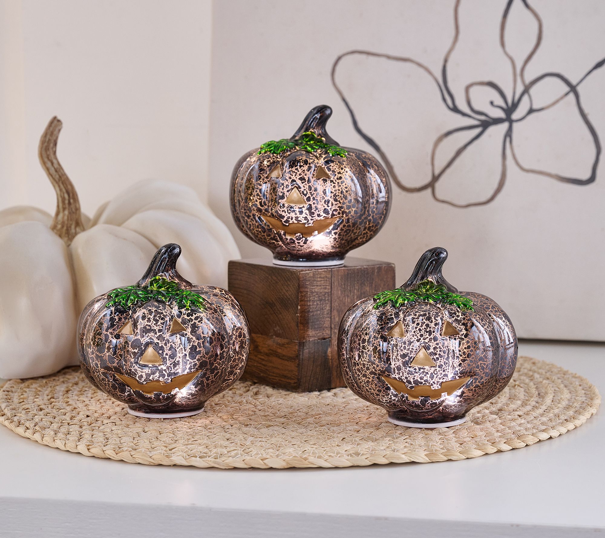 Set of 3 Illuminated Mercury Glass Jack-O-Lanterns by Valerie