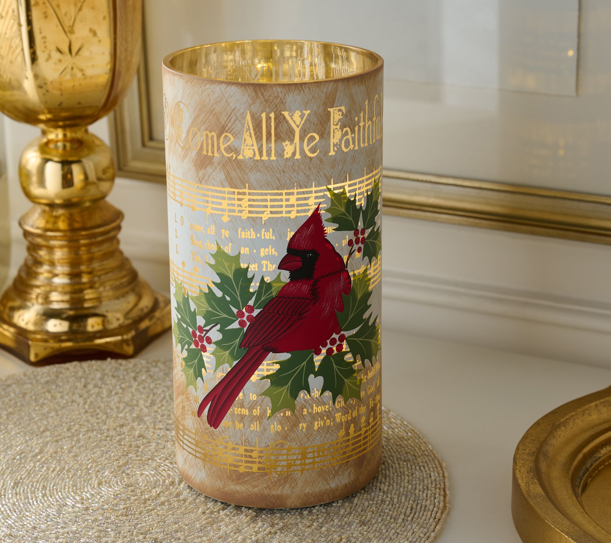 "As Is" 10" Illuminated Christmas Carol Glass Hurricane by Valerie