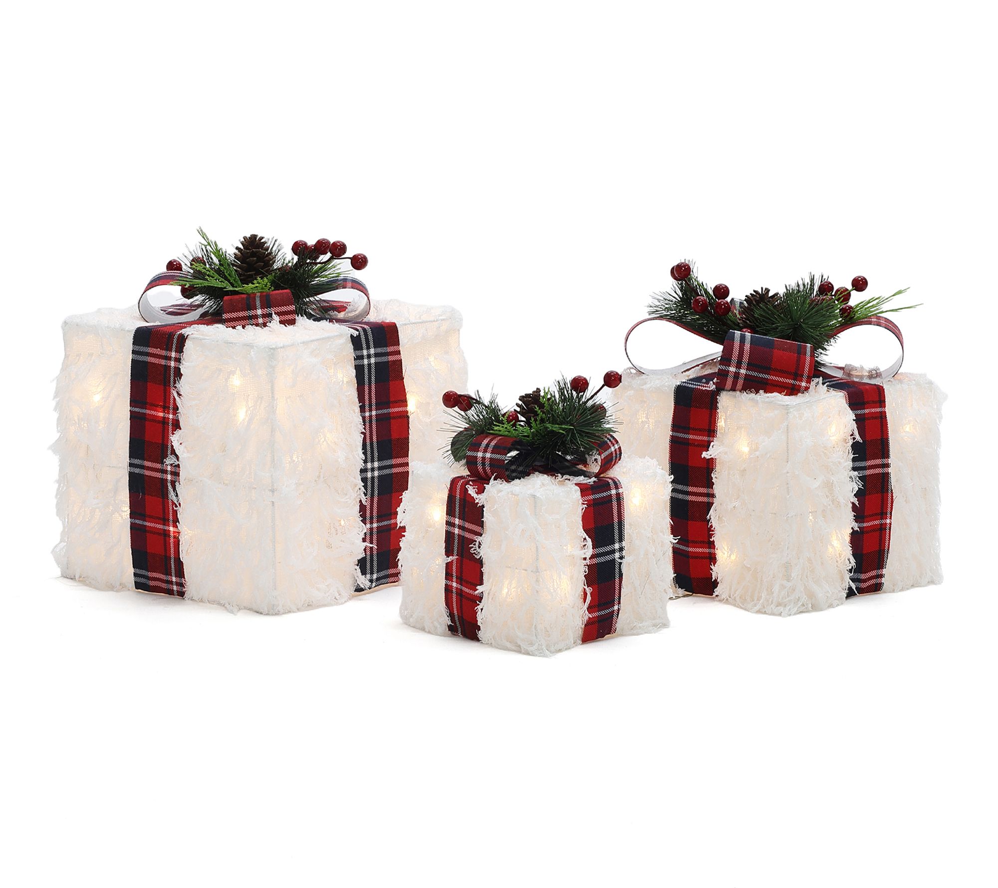 LuxenHome 3-Pc Lighted White Gift Box Set withPlaid Ribbon