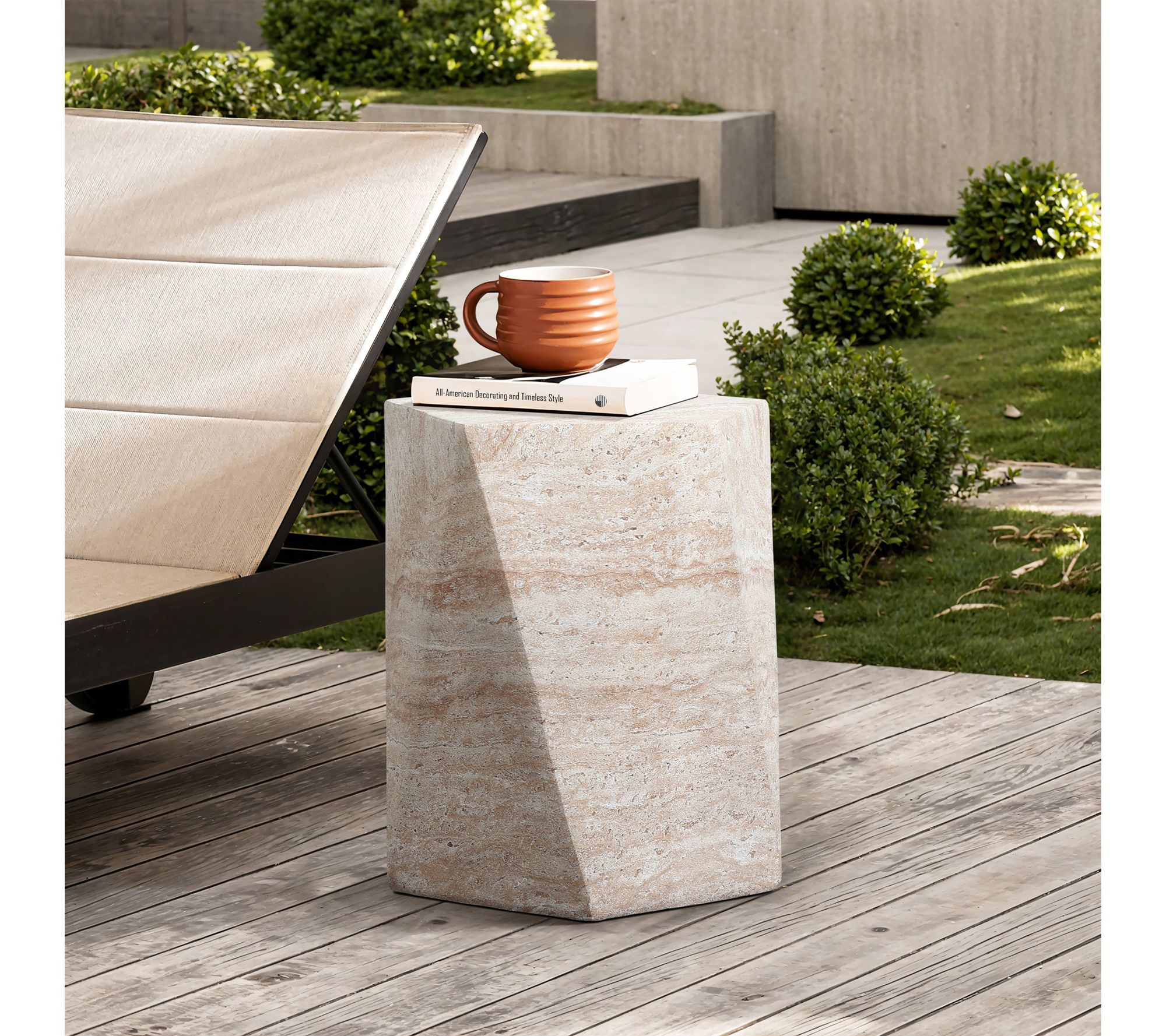LuxenHome Travertine-Style Irregular Textured MgO Side Table