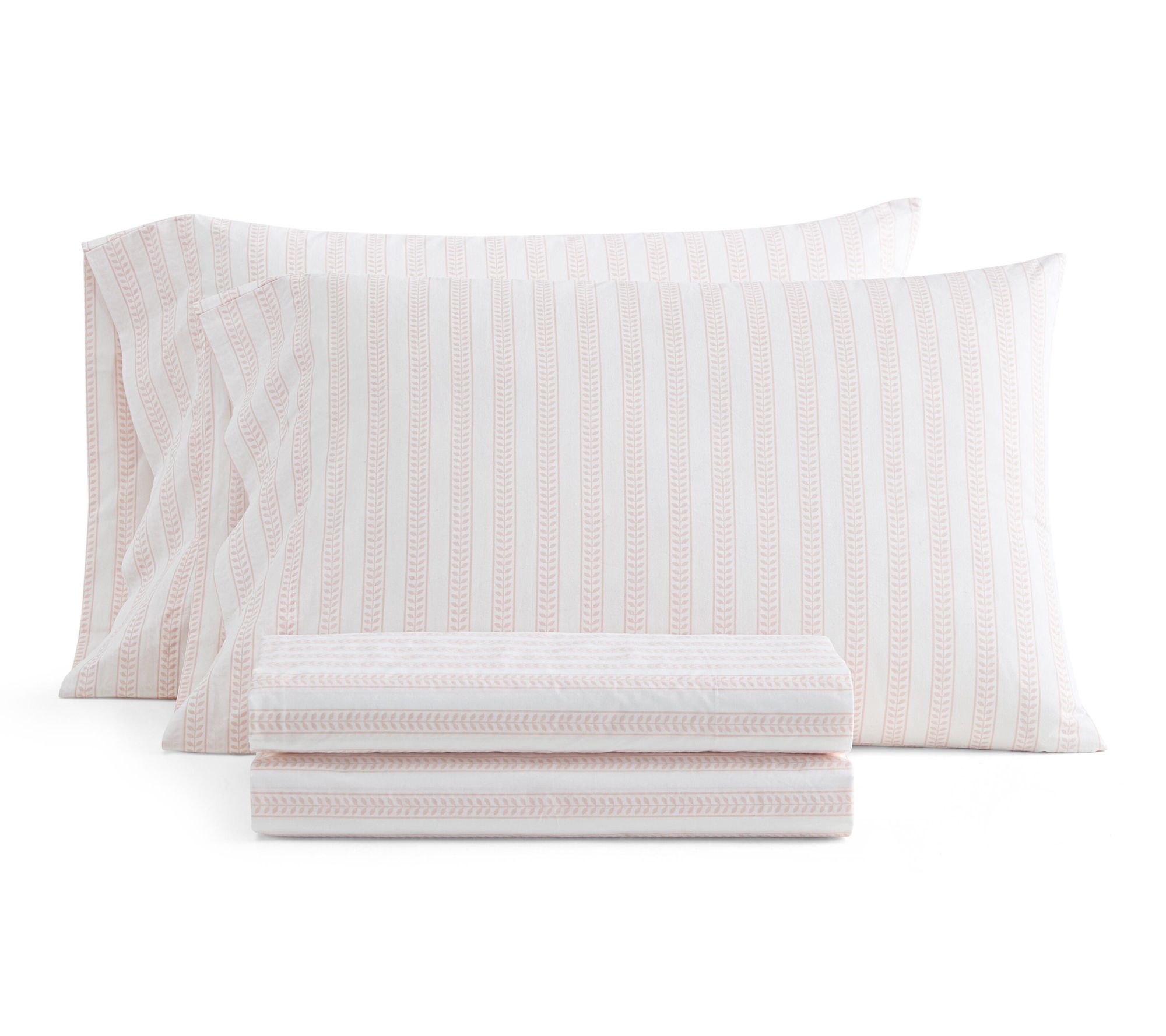 Martha Stewart Leaf Stripe White/Peach Cotton King Sheet Set