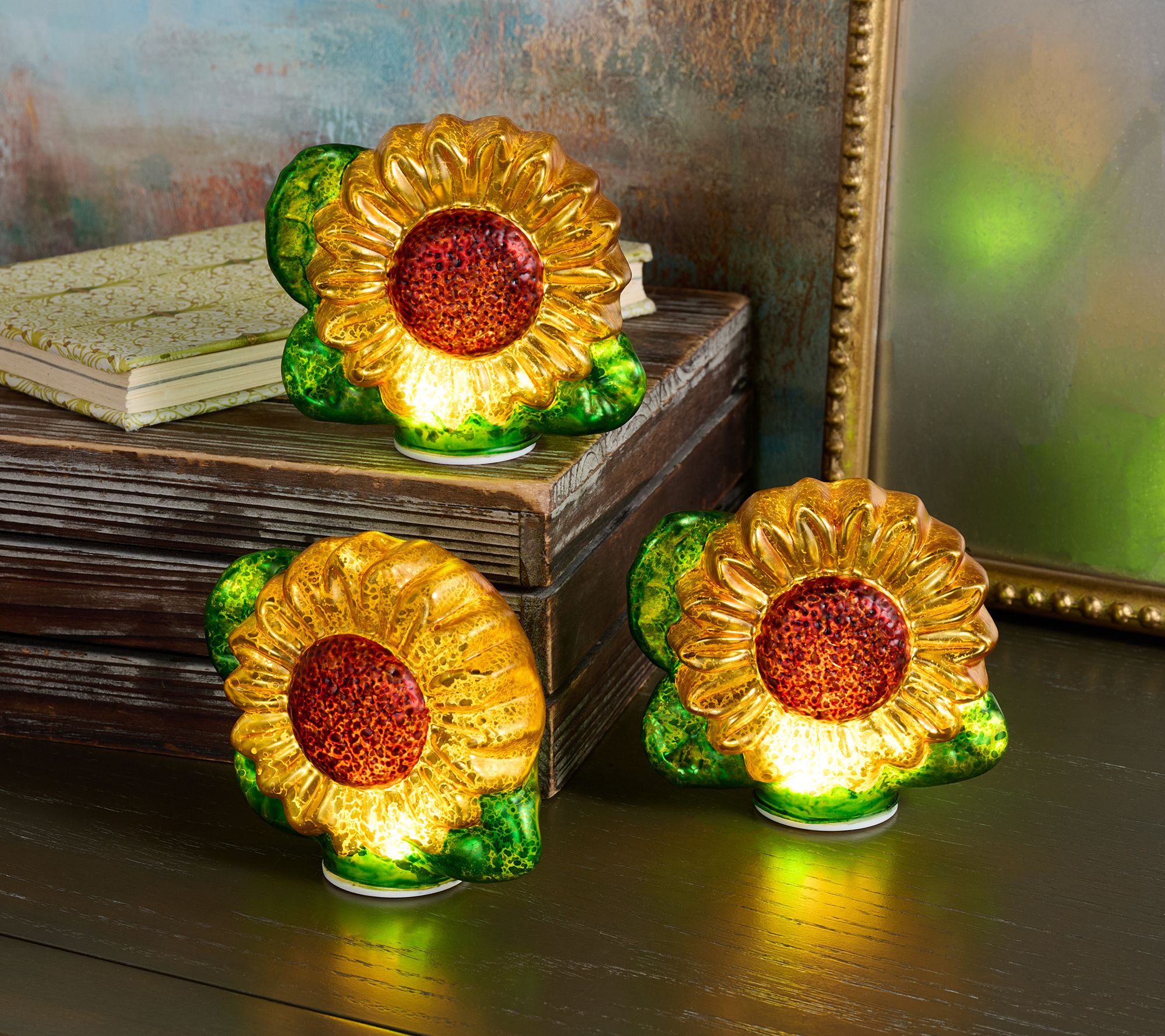 "As Is" Set of 3 Illuminated Mercury Glass Flowers by Valerie