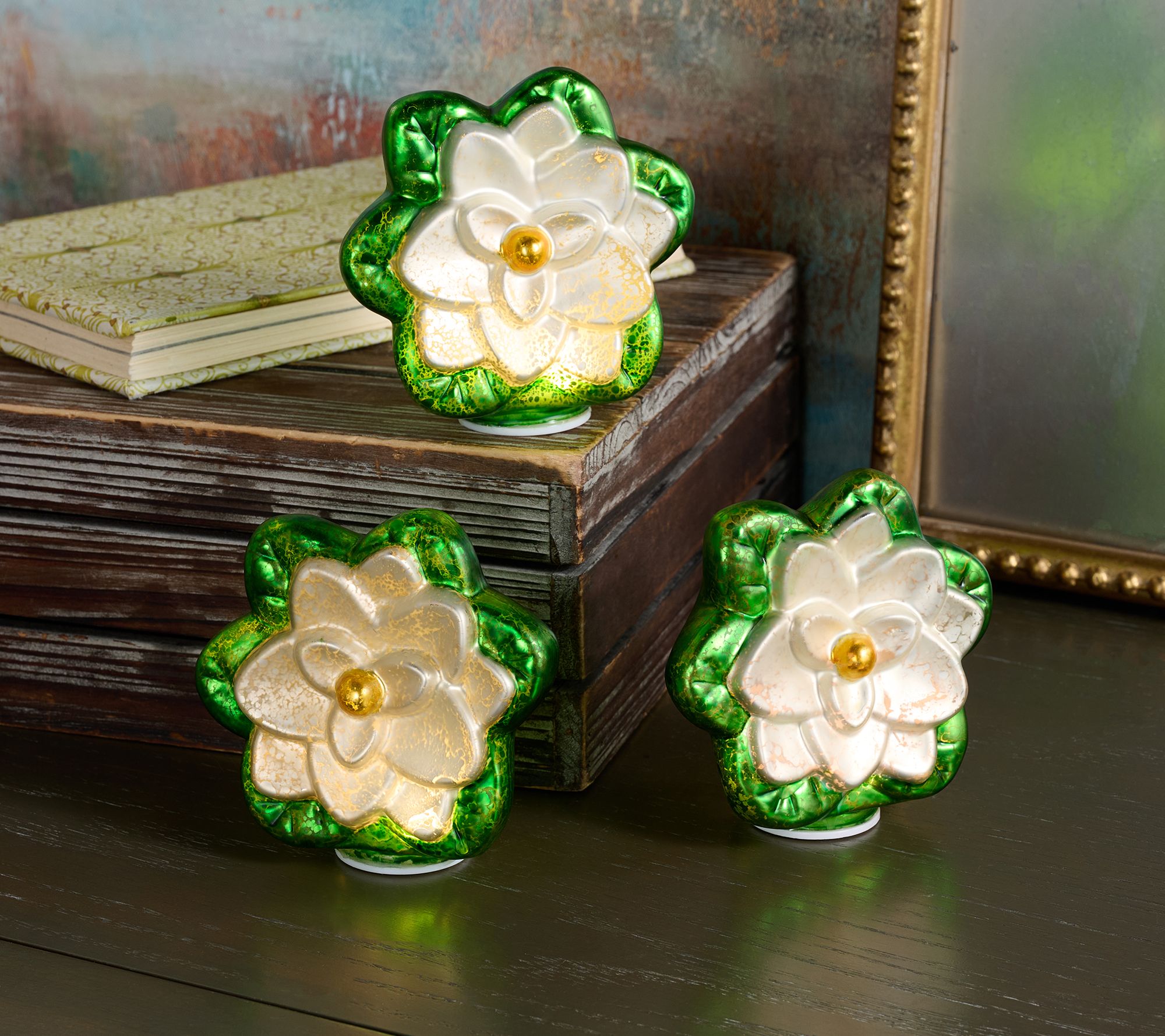 "As Is" Set of 3 Illuminated Mercury Glass Flowers by Valerie