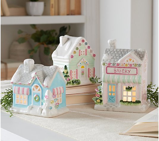 Mr. Christmas Set of 3 Mini Ceramic Village Buildings