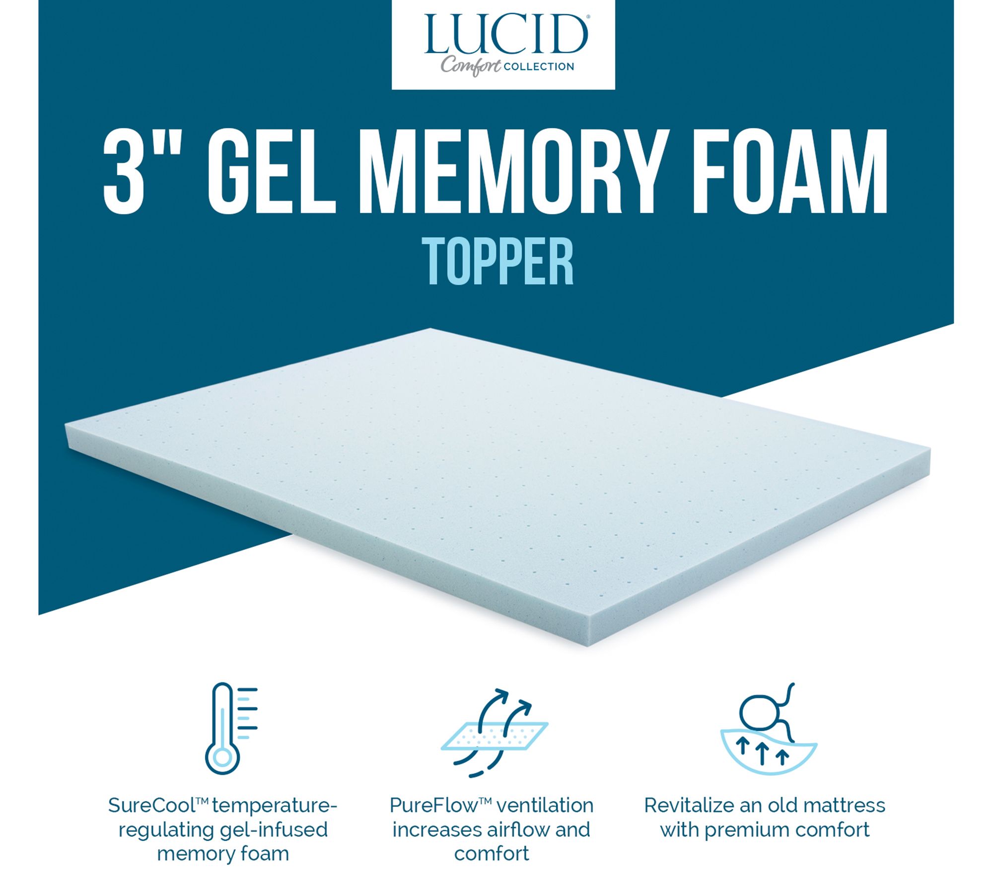 Lucid Comfort Collection 3 Gel Memory Foam Topper with Cover, Twin