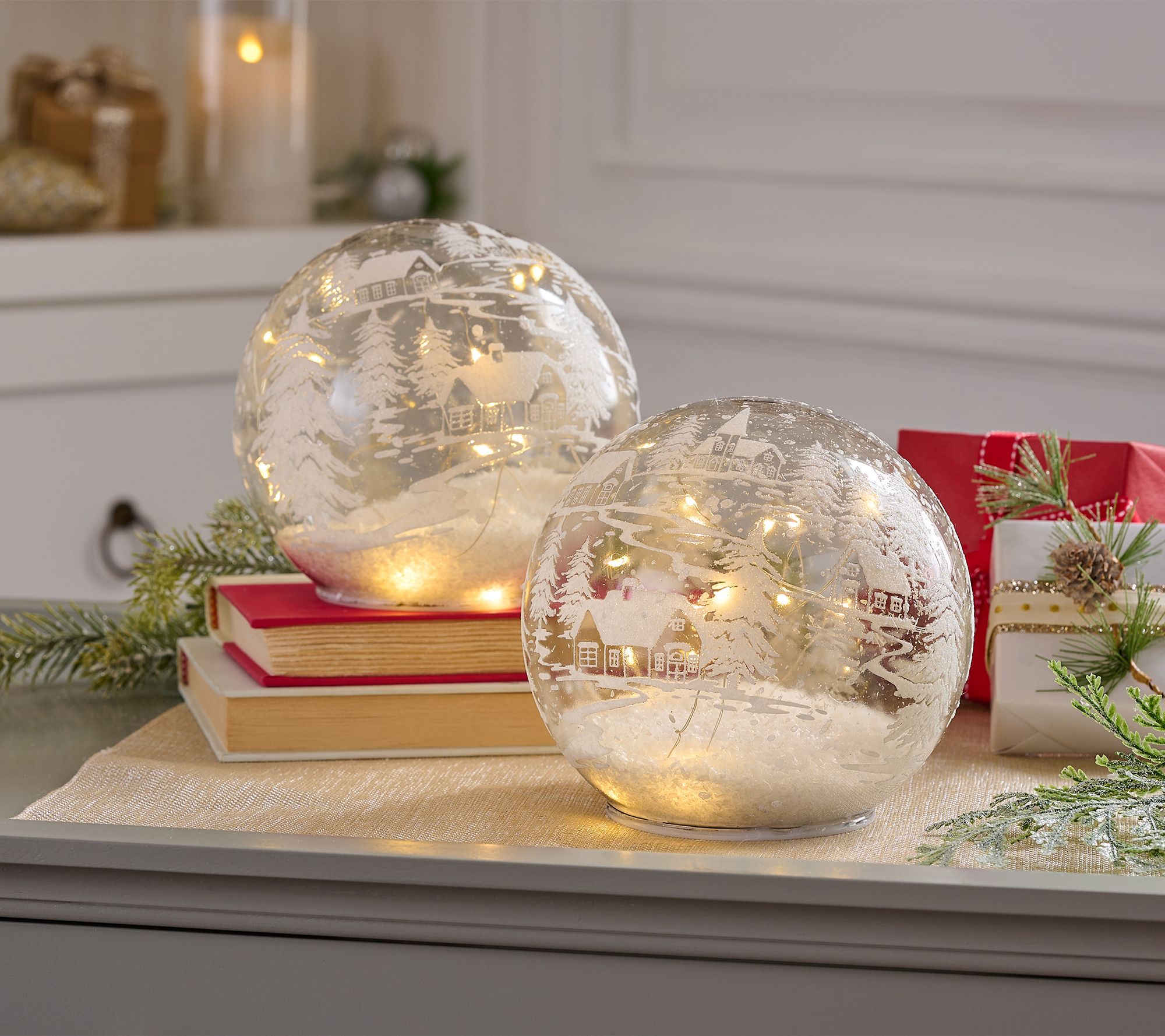 Set of 2 Illuminated 6" Spheres with Scene by Valerie