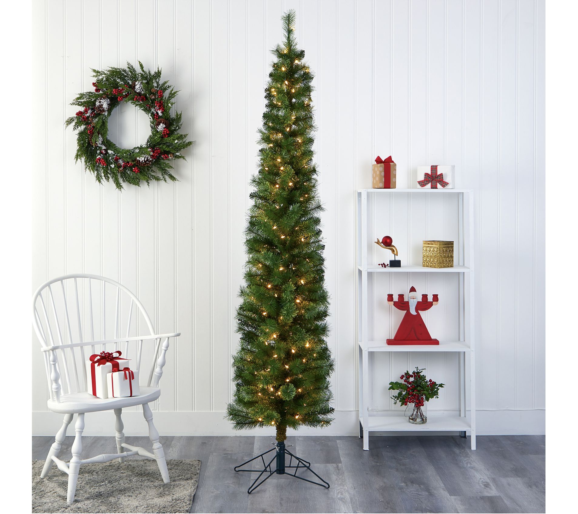 Nearly Natural 7' Pencil Faux Christmas Tree w/LED Lights