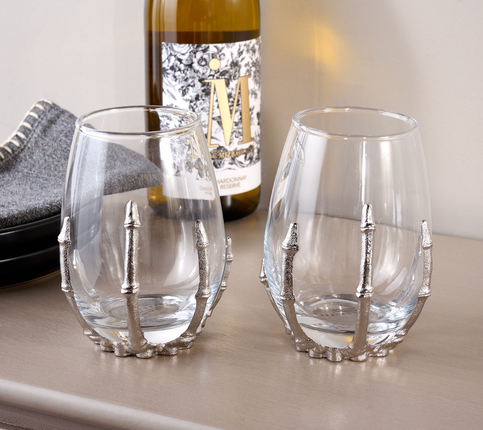 "As Is" Home Reflections S/2 Skeleton Hand Wine Glasses