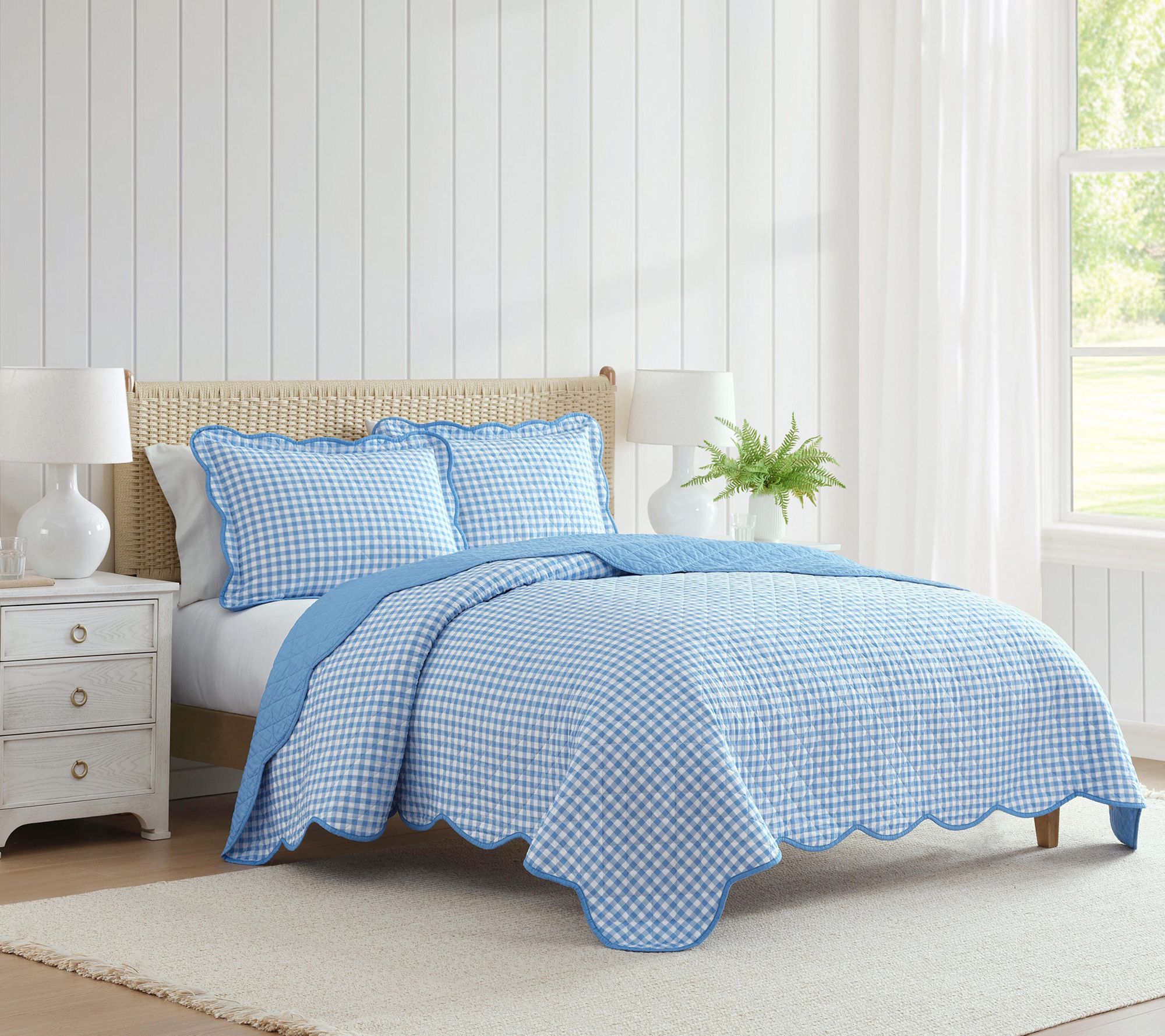 Martha Stewart Olivia Gingham Bedford Blue Cotton KG Quilt Set