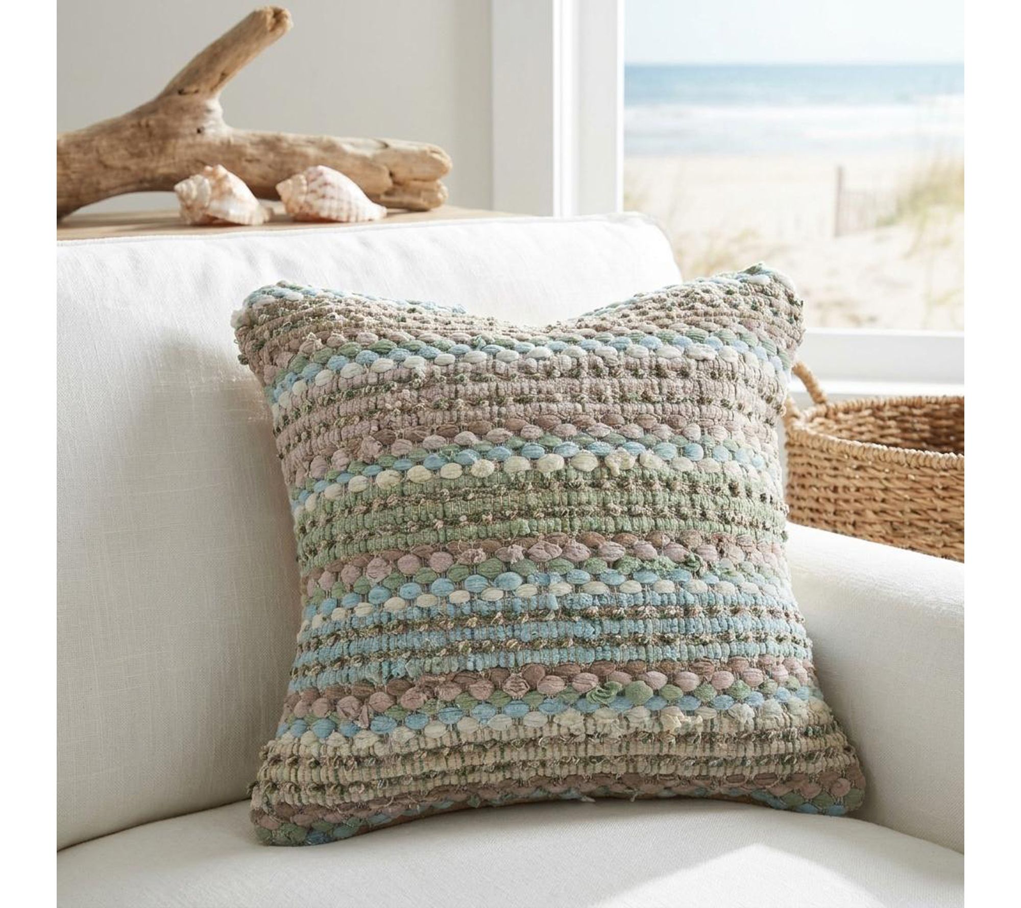 HomeRoots 18" Green Blue Beach Stripe Cotton Pillow Cover