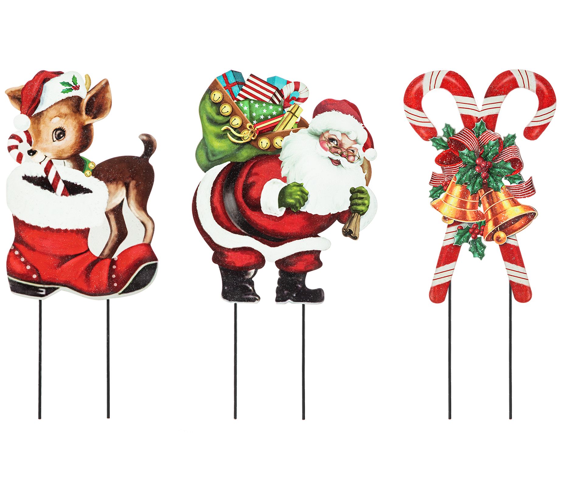 Glitzhome 24" Metal Santa, Reindeer and Cane Yad Stakes Set 3