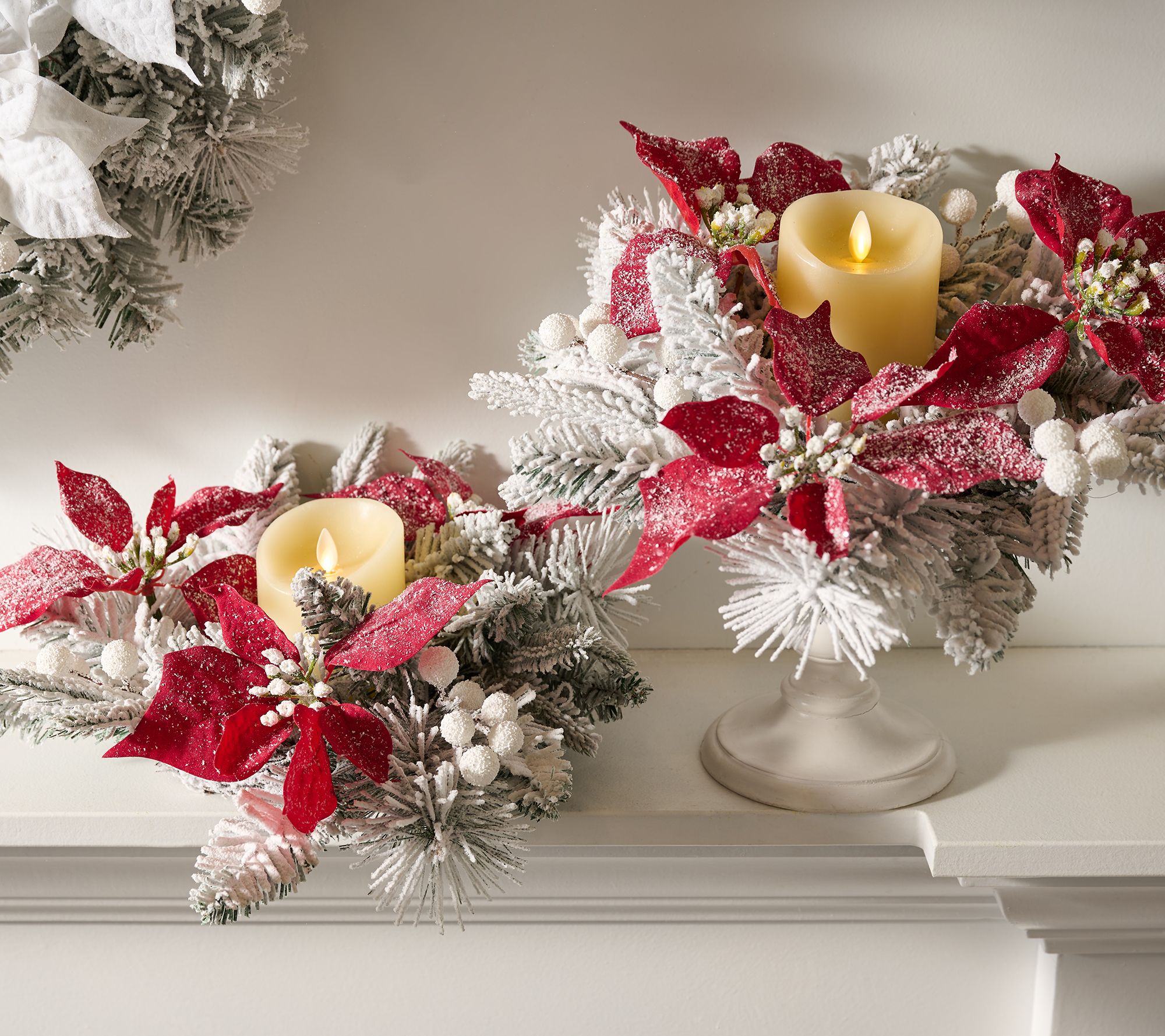 Set of 2 Flocked Poinsettia Candle Rings by Valerie