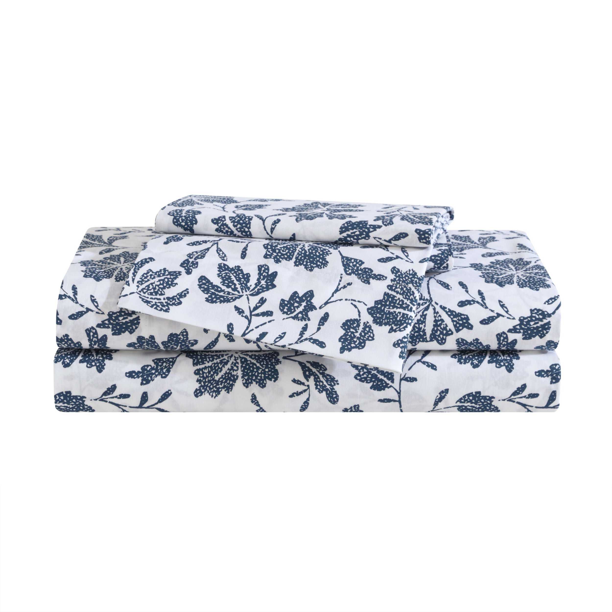 Eddie Bauer Woodblock Floral White-Blue Full Sheet Set