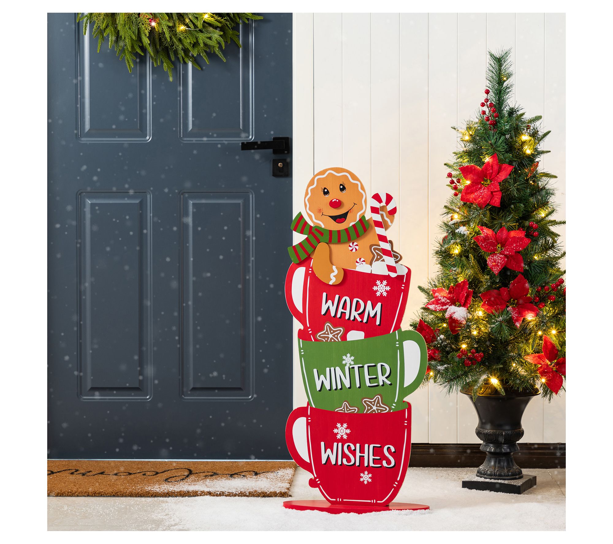 Glitzhome 35" Christmas Coffee Cups GingerbreadMan Porch Sign