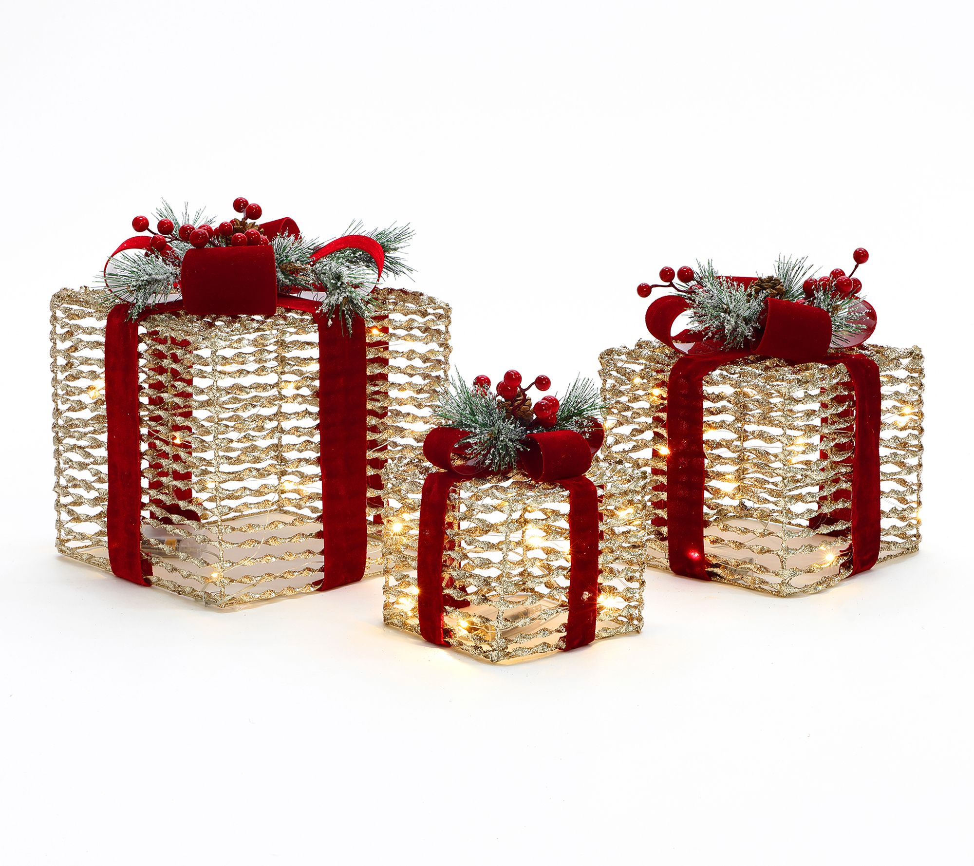 LuxenHome 3-Pc Lighted Plastic Rattan Gift BoxSet Decoration