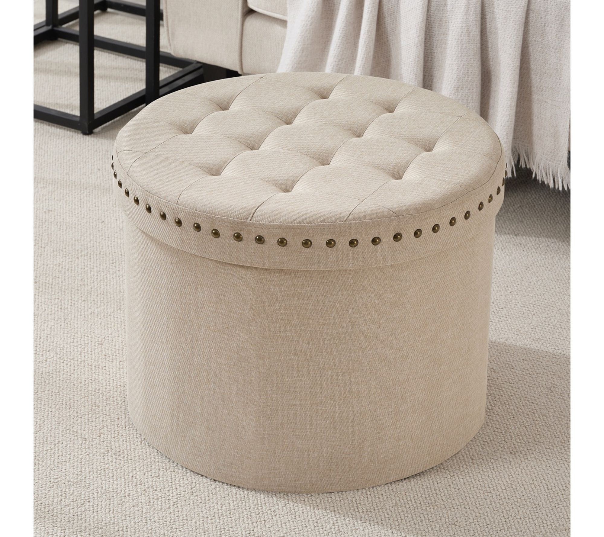 Ornavo Home 20" Round Storage Ottoman with Nailhead Trim