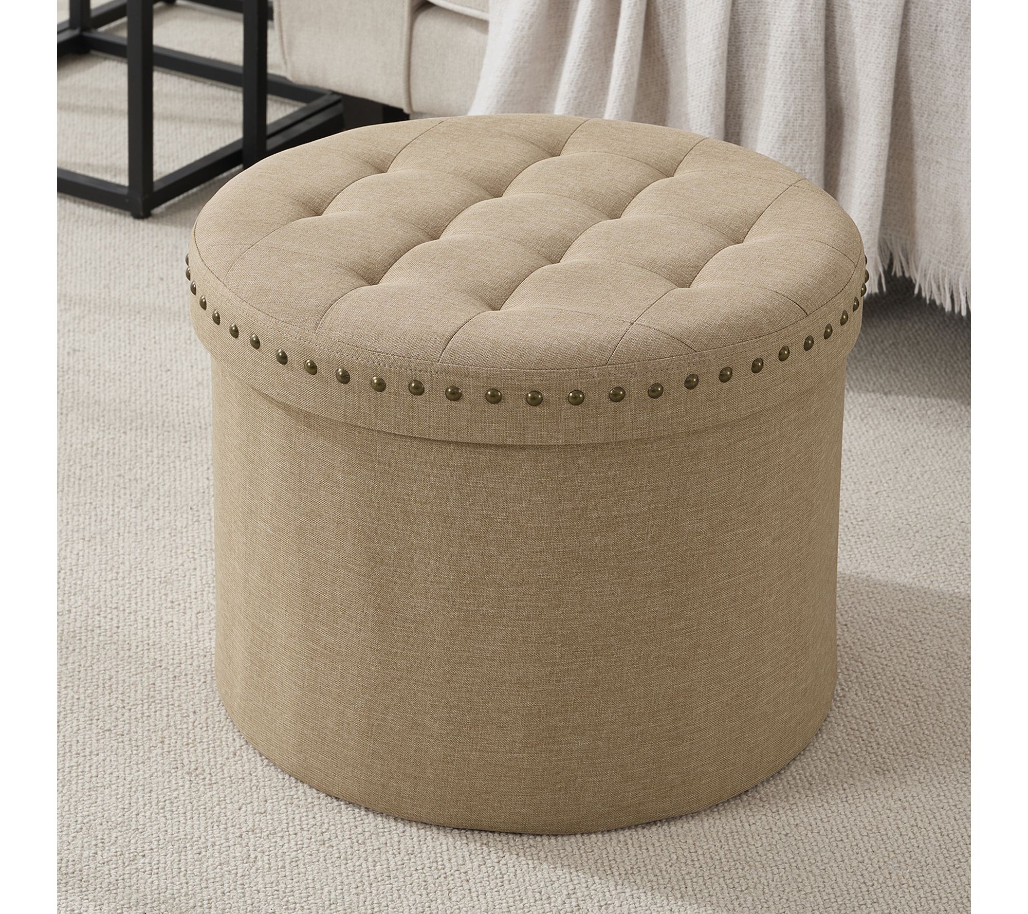 Ornavo Home 20" Round Storage Ottoman with Nailhead Trim