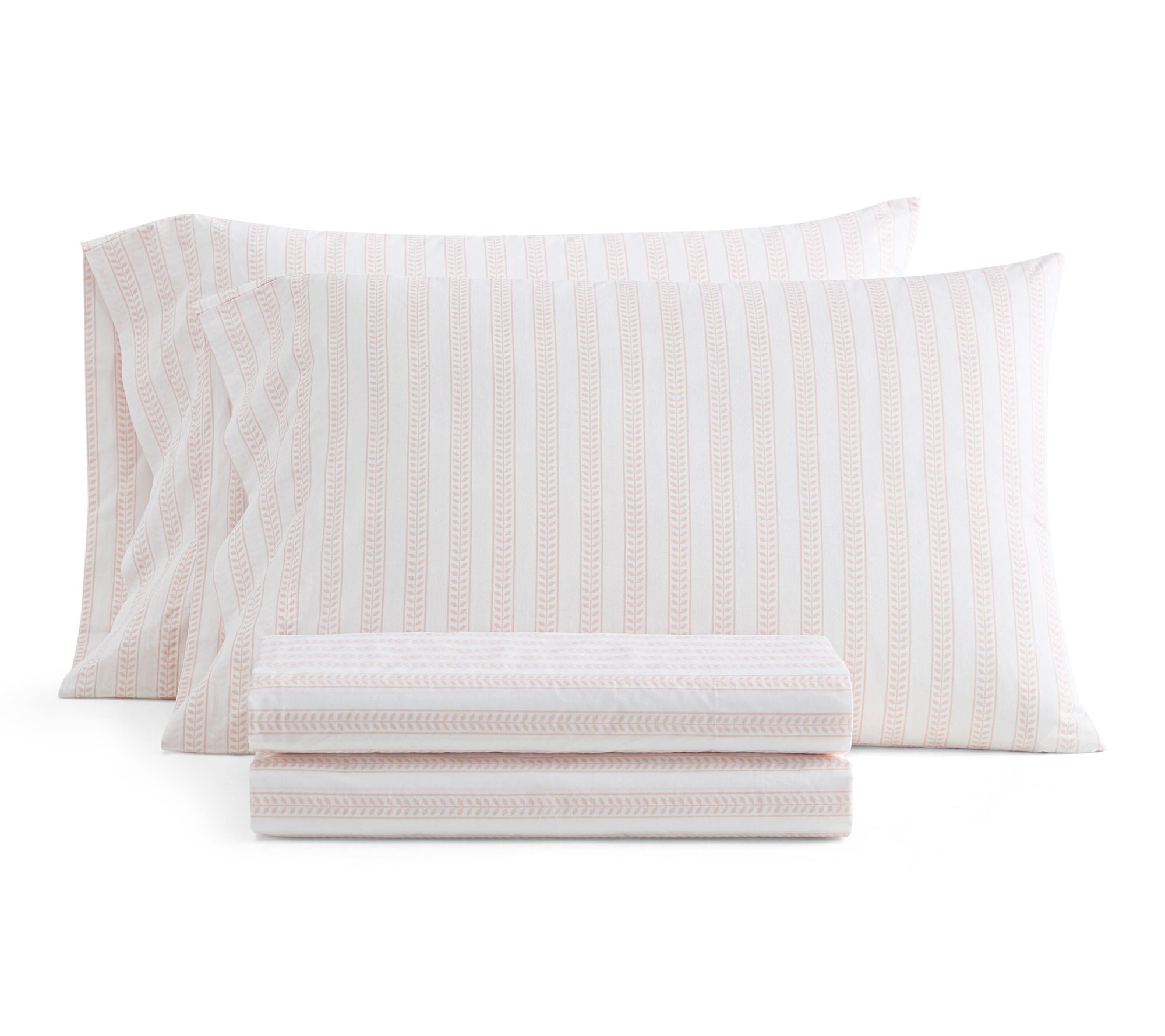 Martha Stewart Leaf Stripe White/Peach Cotton Queen Sheet Set