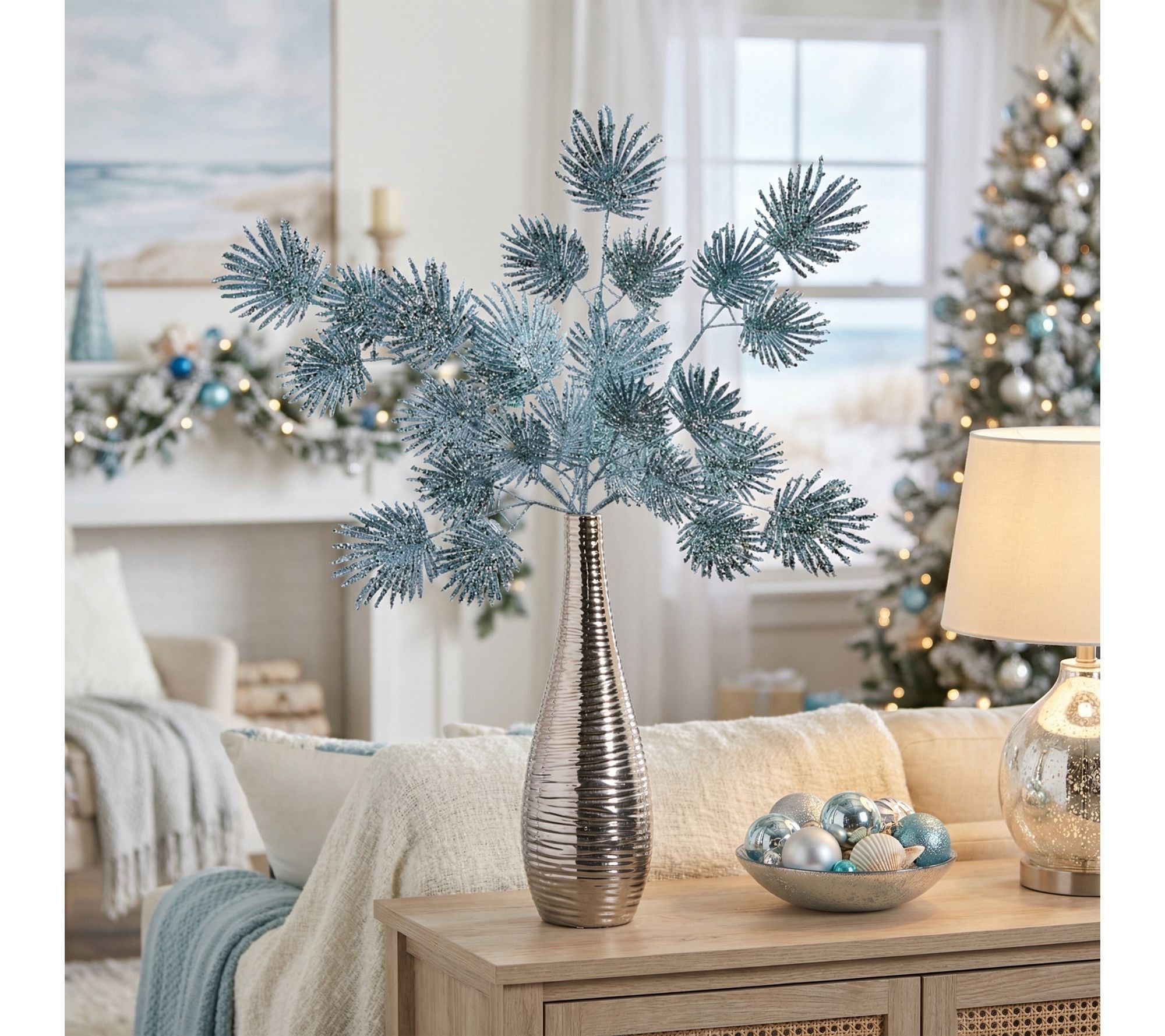 30.5" Glitter Sequin Mini Fan Palm Spray by Valerie