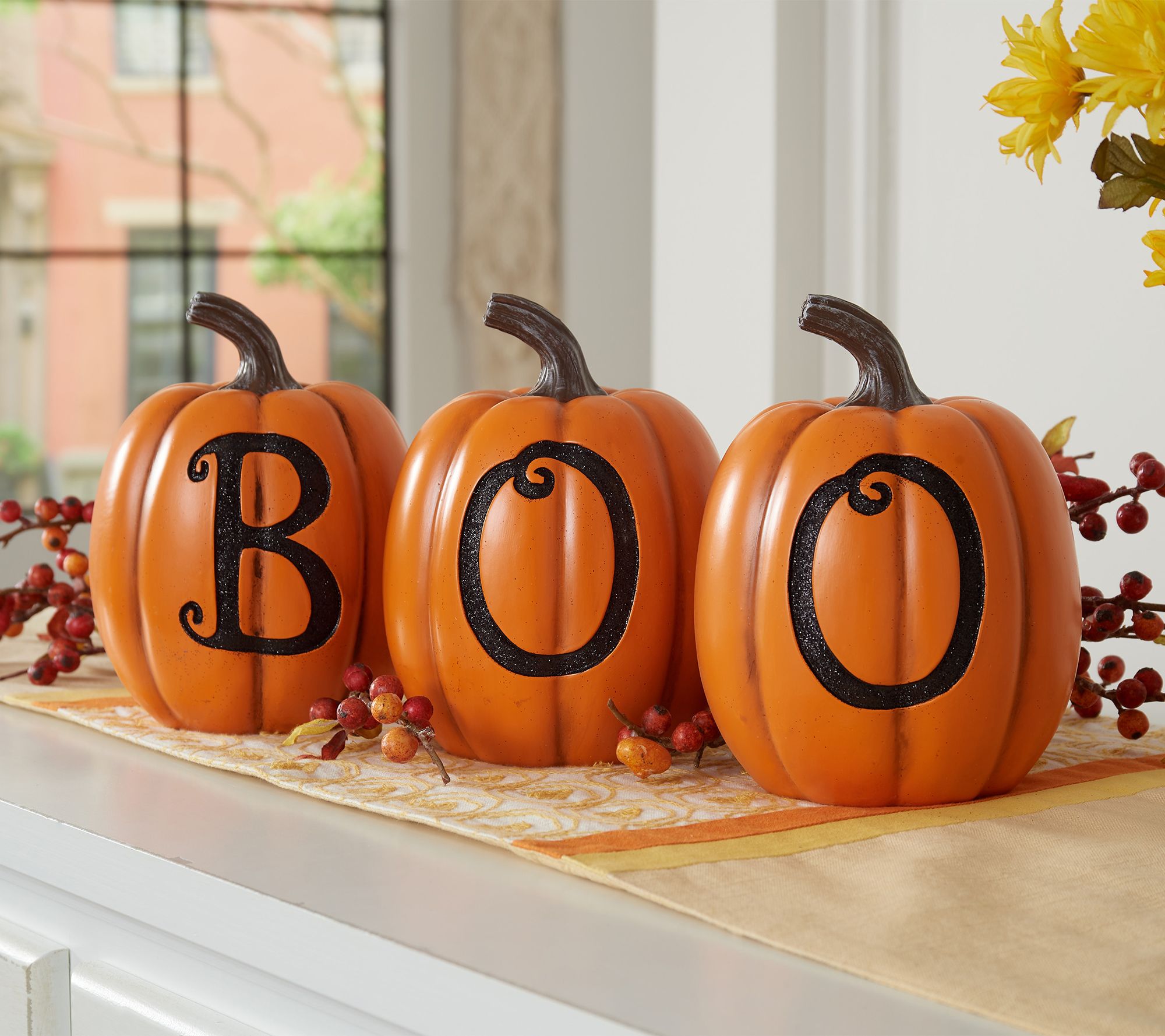New by Blossom Bucket #12304 Set of three pumpkins with the word BOO on them 
