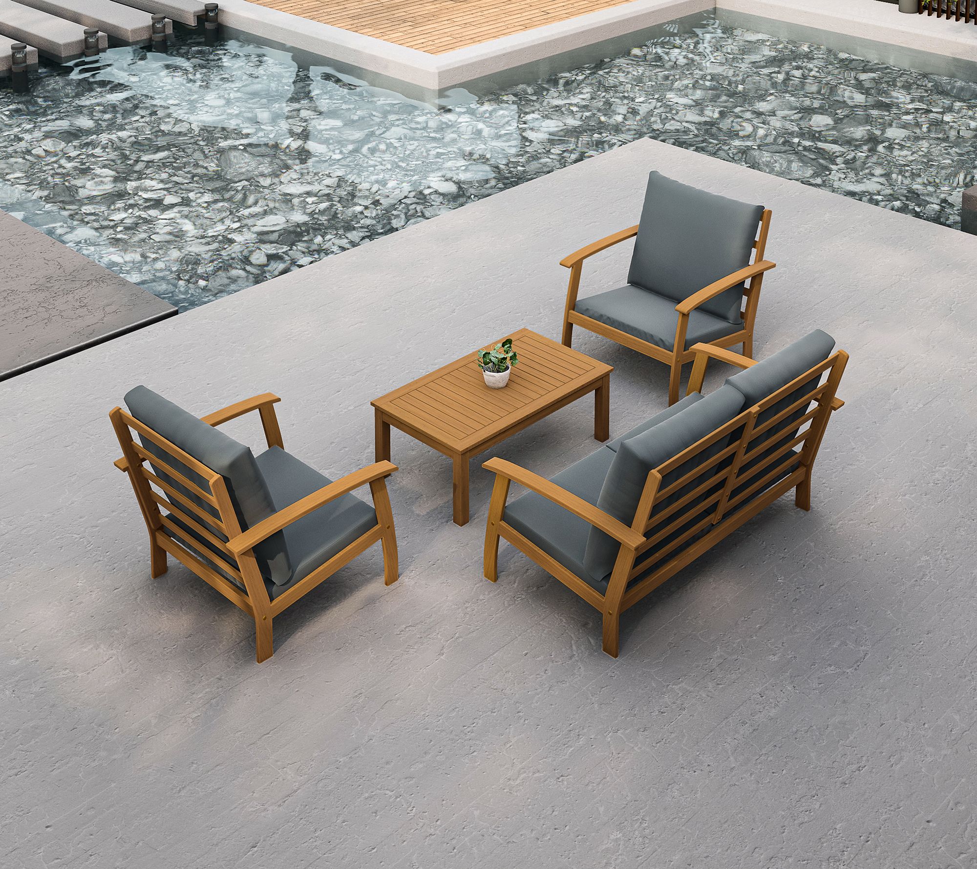 Dukap Outdoor Truwood FSC Wood 4Piece Patio Set W/Cushions