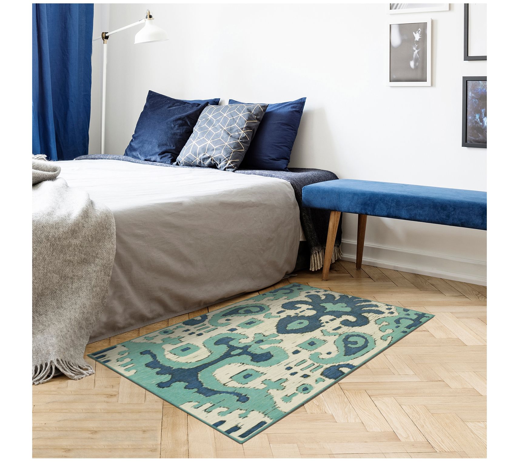 My Magic Carpet Washable Rug Ochre Ikat Steel Blue 3'X5'