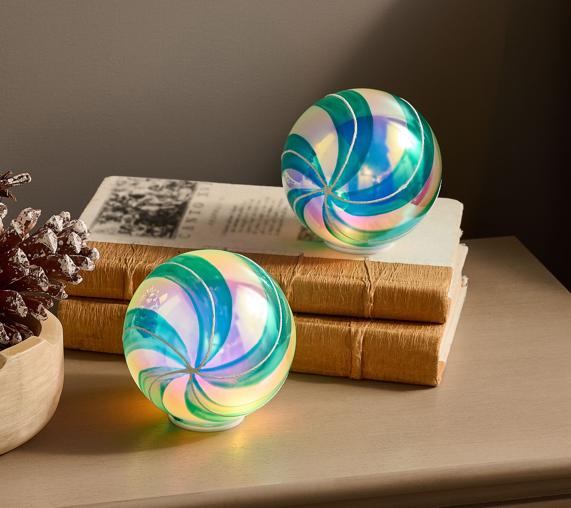 "As Is" 2-Piece Lit Peppermint Glass Candy Ornaments by Valerie