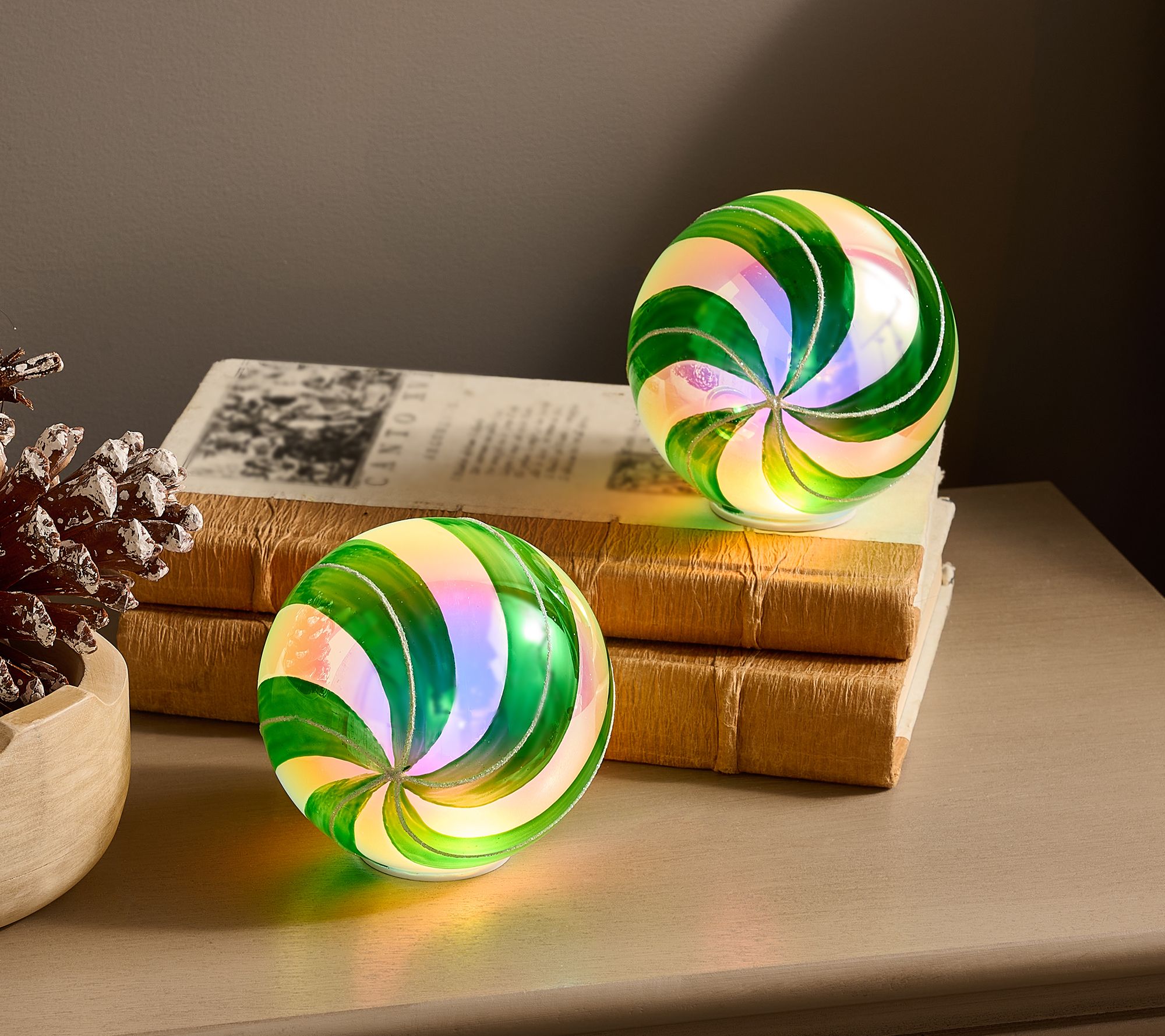 "As Is" 2-Piece Lit Peppermint Glass Candy Ornaments by Valerie