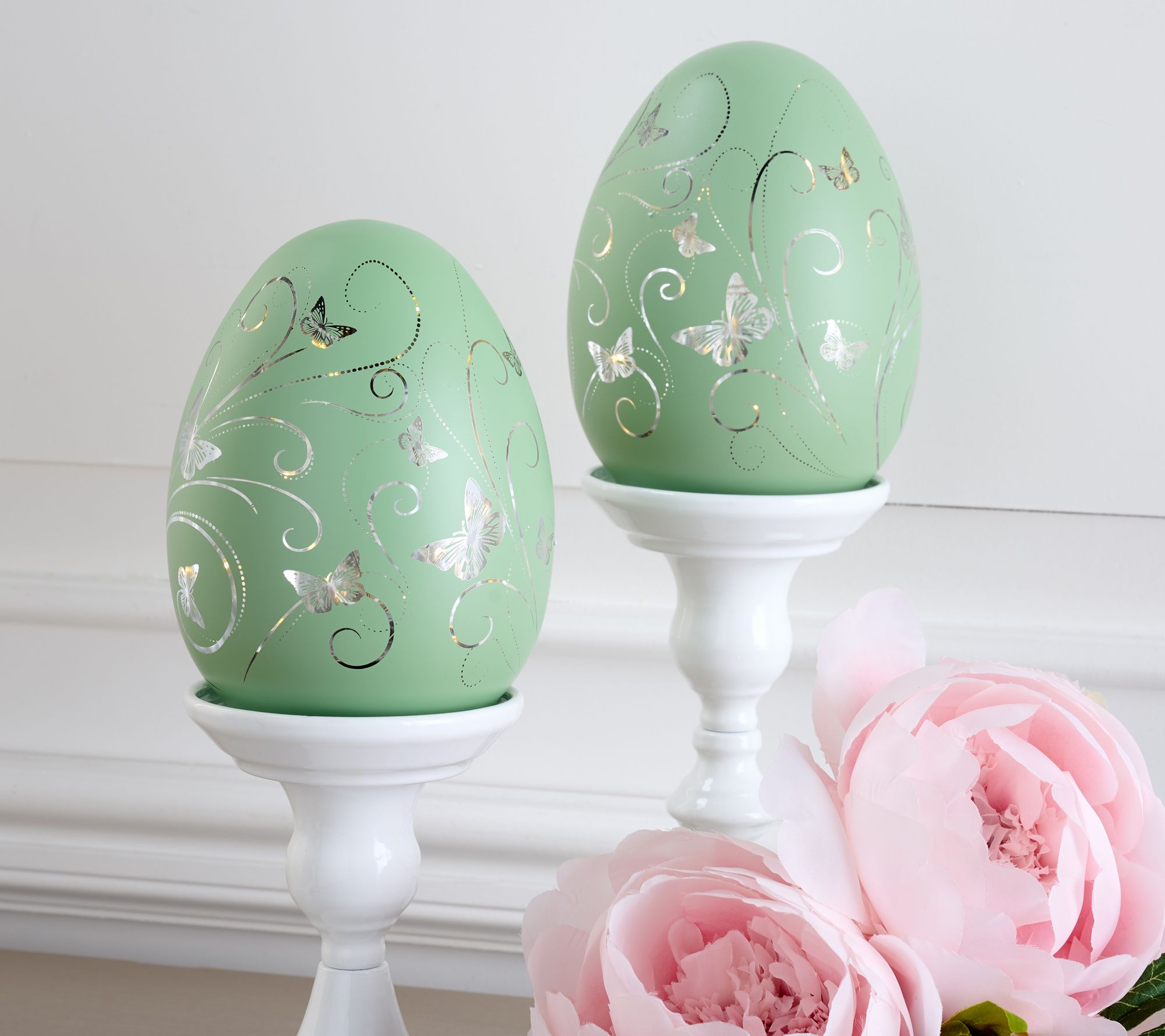 "As Is" Set of 2 6" Lit Butterflies in Flight Glass Eggs by Valerie