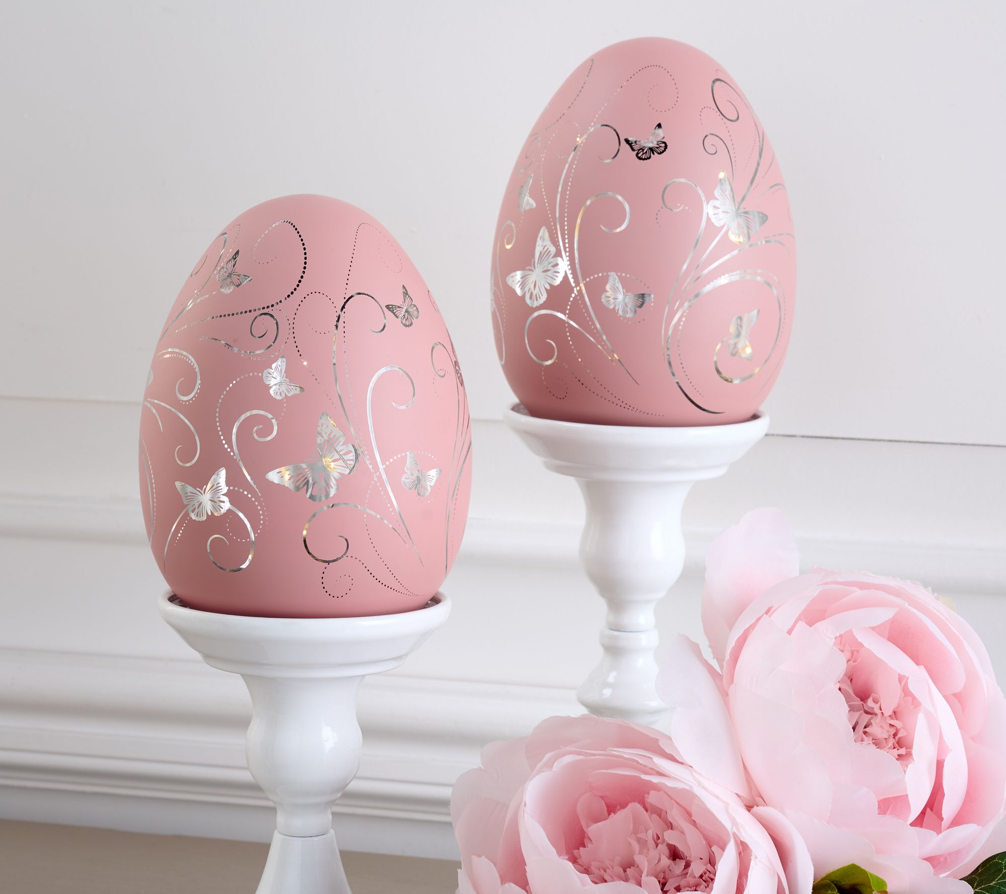 "As Is" Set of 2 6" Lit Butterflies in Flight Glass Eggs by Valerie