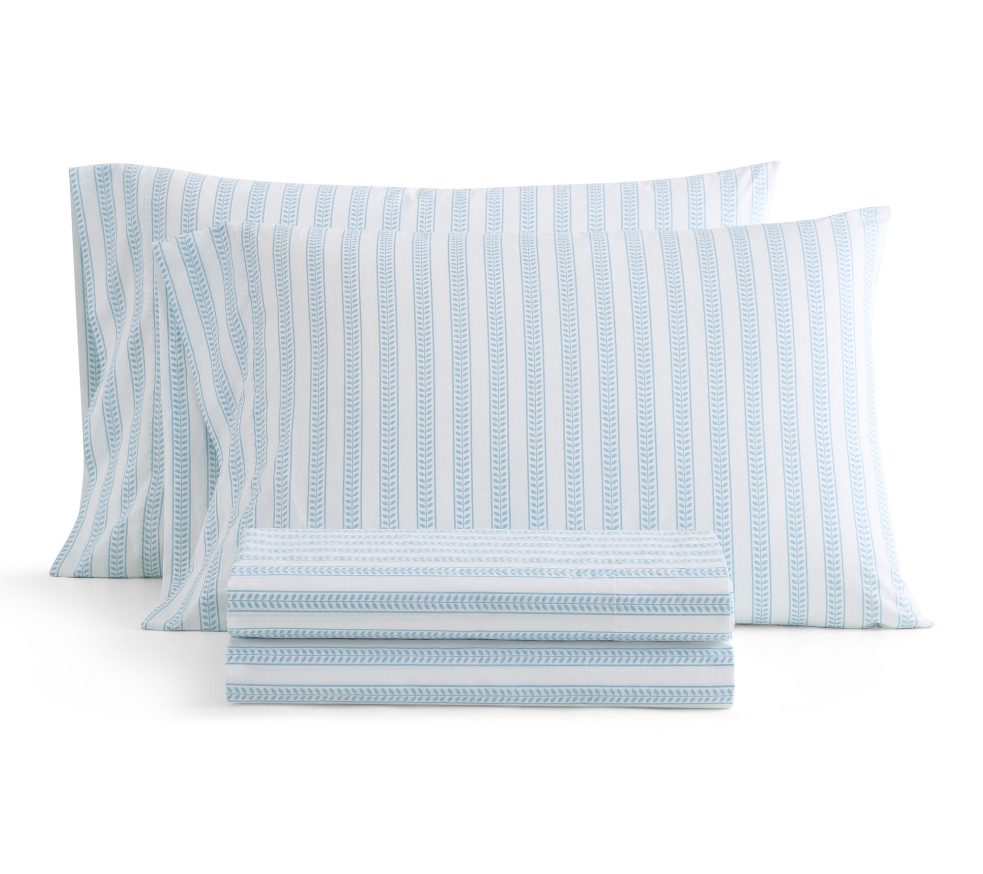 Martha Stewart Leaf Stripe White/Blue Cotton Full Sheet Set