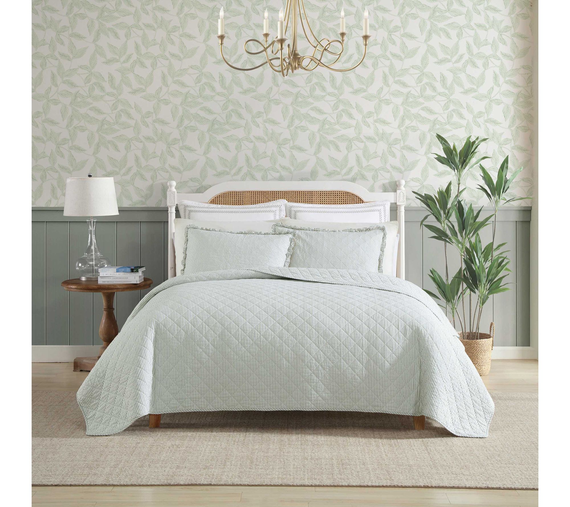 Laura Ashley Oxford Stripe Green Full/Queen Quilt Sham Set