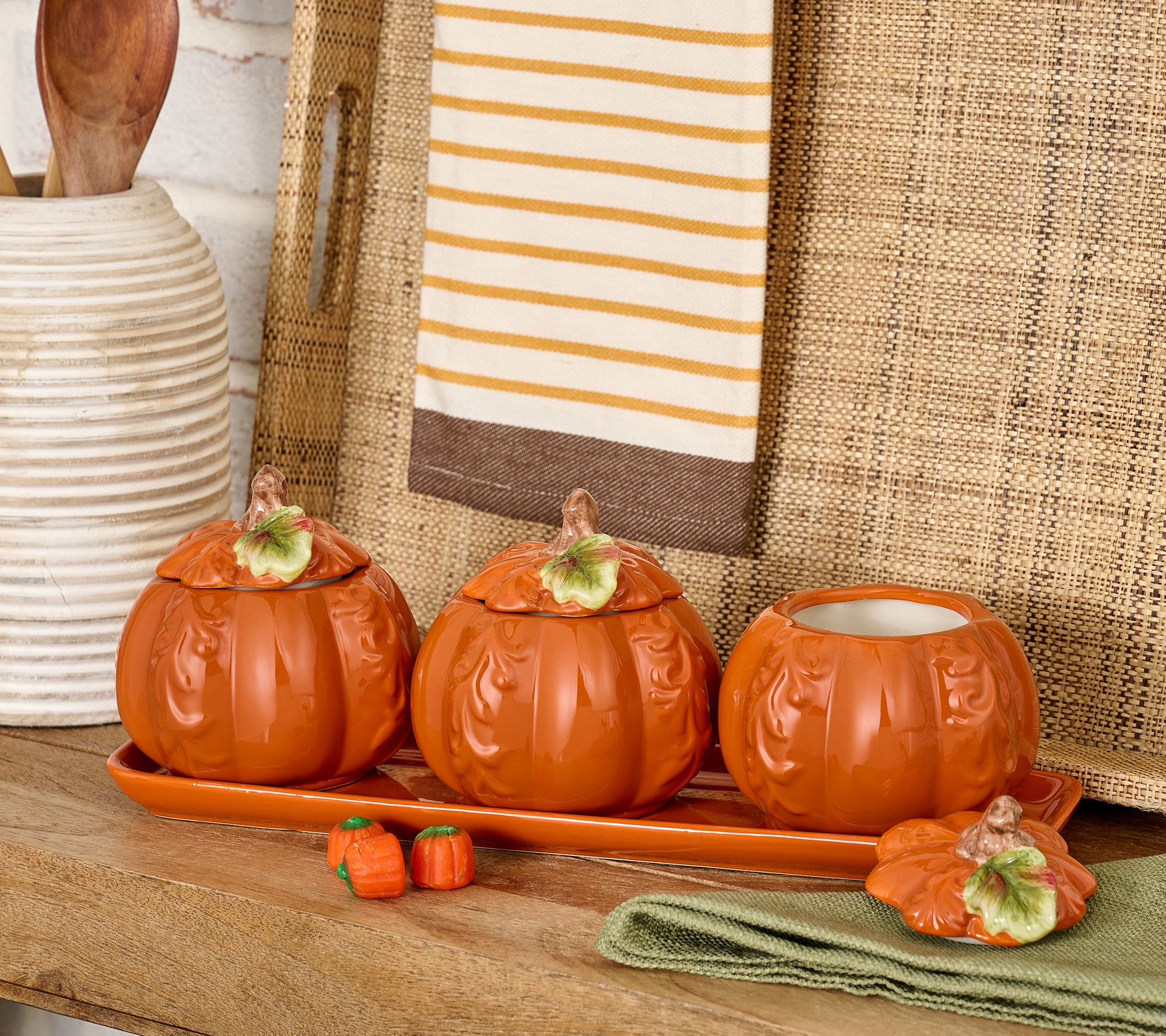 Set of 3 Ceramic Pumpkin Crocks with Plate by Valerie