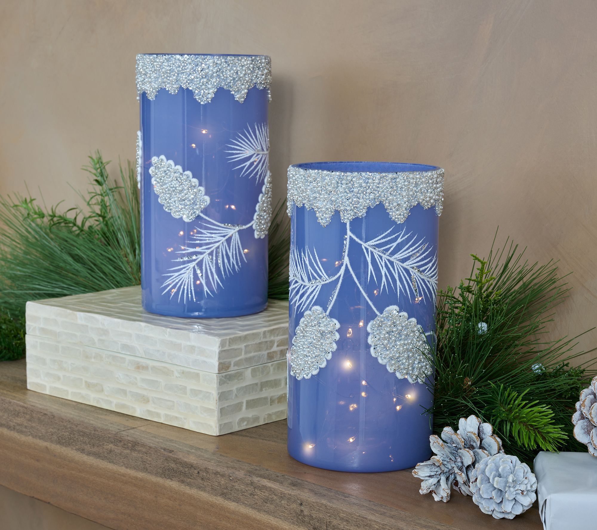 "As Is" S/2 Illuminated Pearl & Glitter Frosted Glass Hurricanes