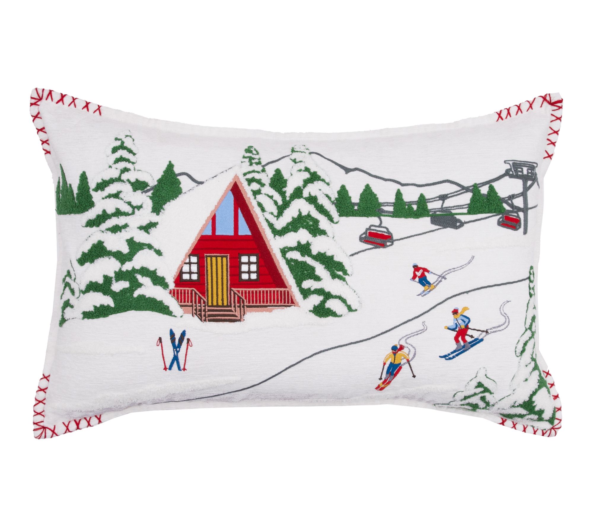 Alpine Winter Ski Cabin Christmas Pillow by Valerie