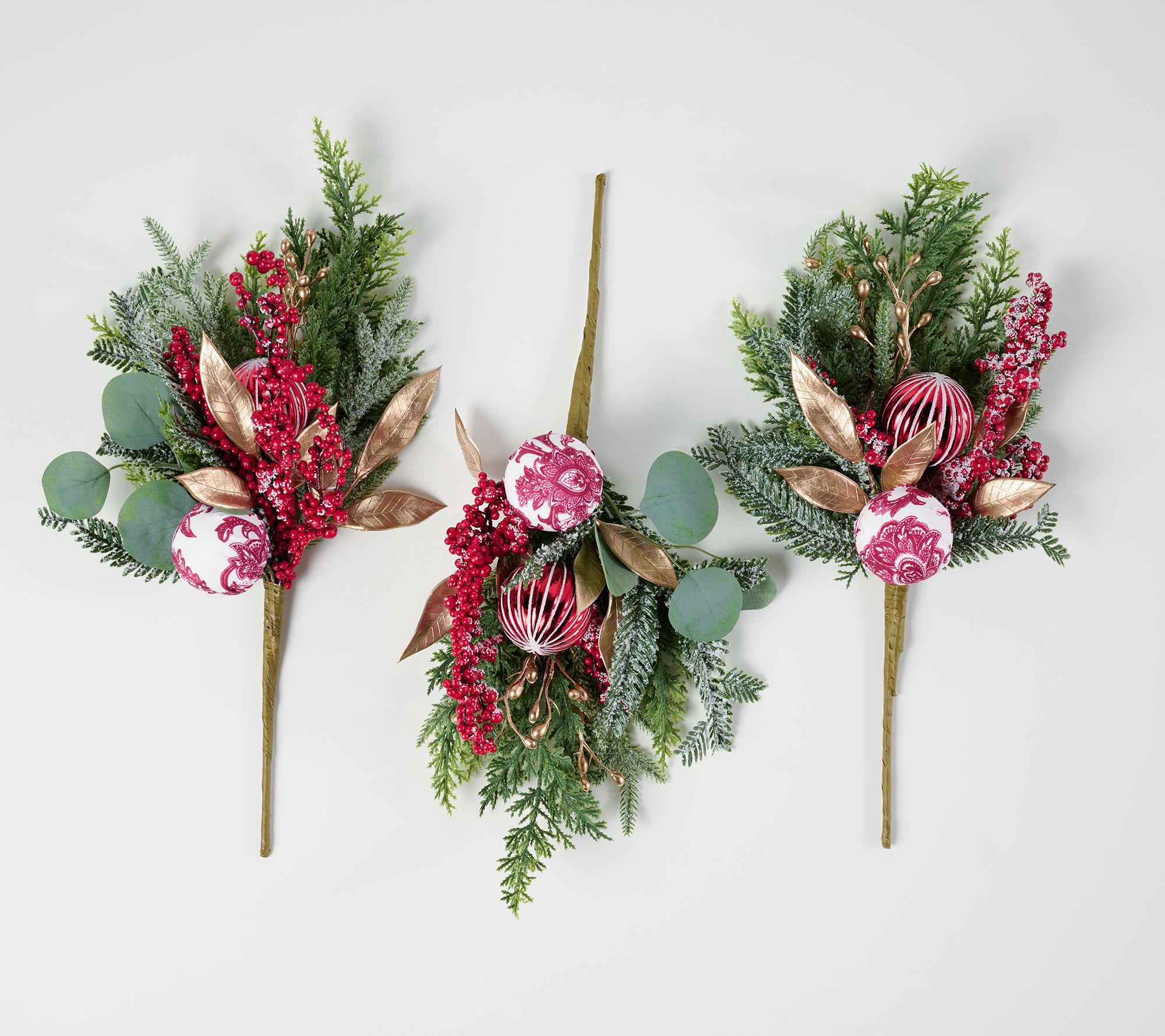 "As Is " Set of 3 Toile Ornament and Greenery Picks by Valerie