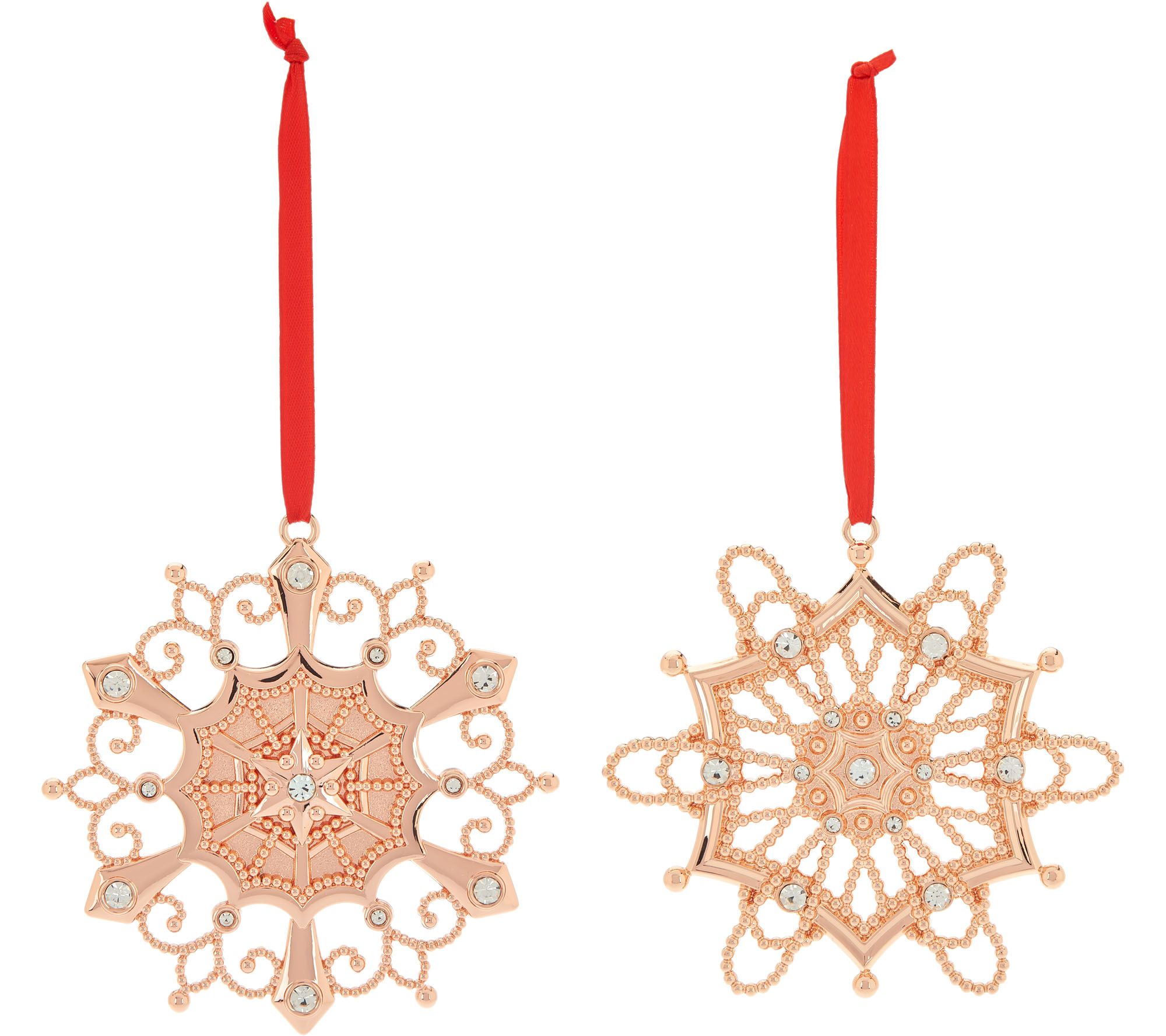 Lenox Set of 2 10K Gold Plated Snowflake Ornaments with Crystal Gems