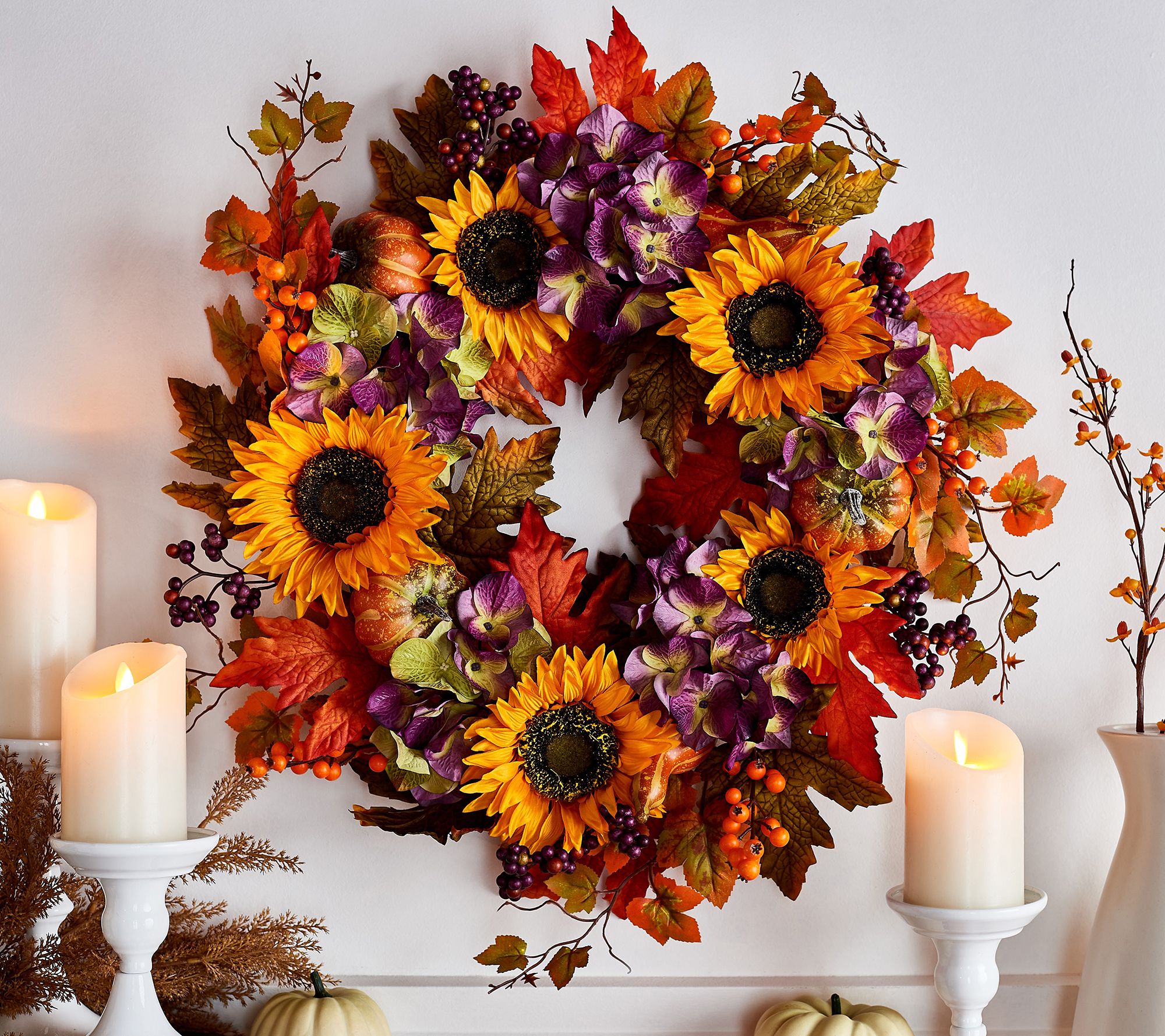 24" Sunflower, Hydrangea and Pumpkin Wreath by Valerie - QVC.com