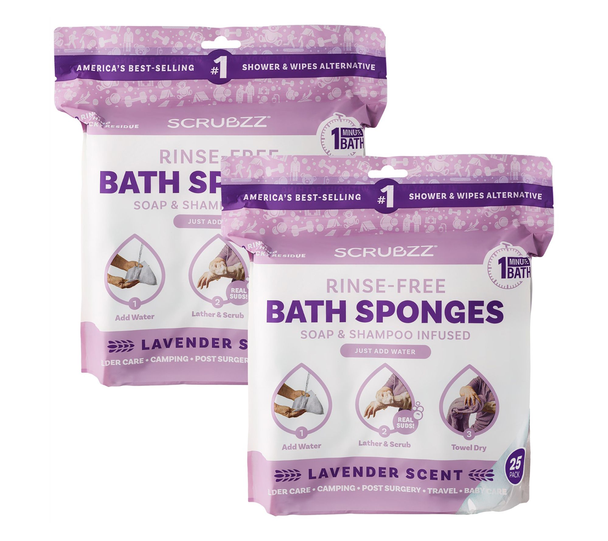 Scrubzz Lavender Rinse Free 50pc Bath Single Use Bath Sponges