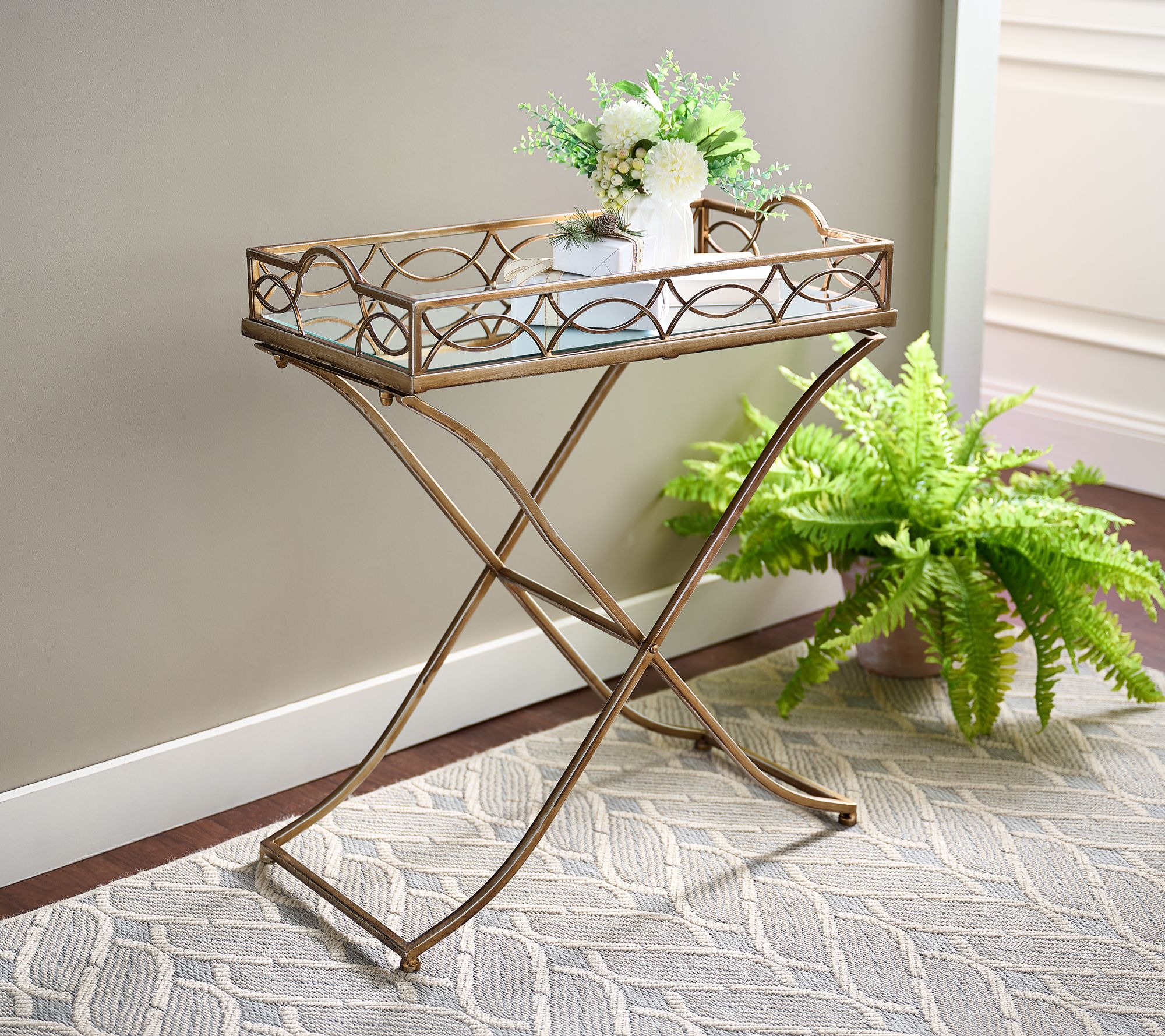 Fold-Up Metal Accent Table with Mirror Tray by Valerie 