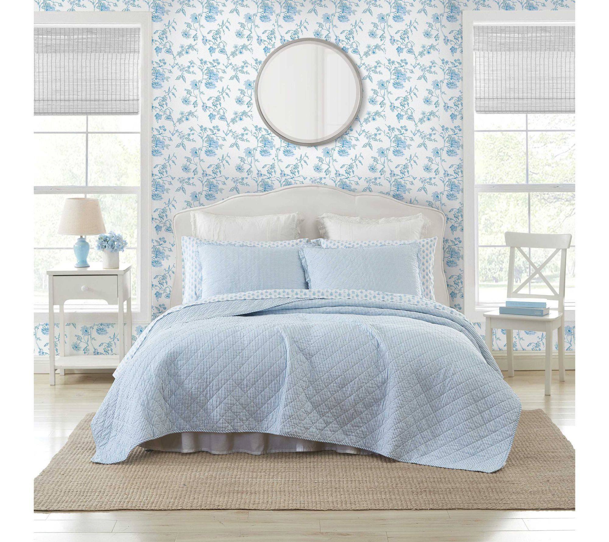Laura Ashley Oxford Stripe Blue Full/Queen Quilt Sham Set