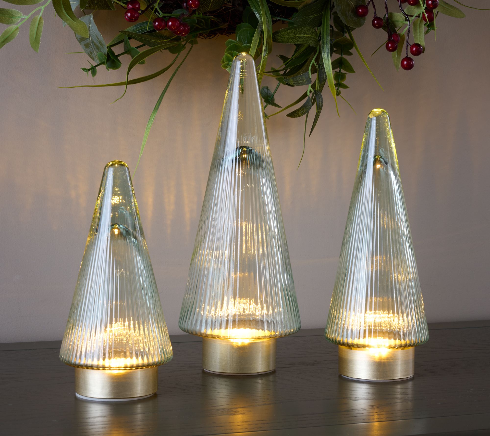 Set of 3 Illuminated Ribbed Glass Trees by Kim Gravel