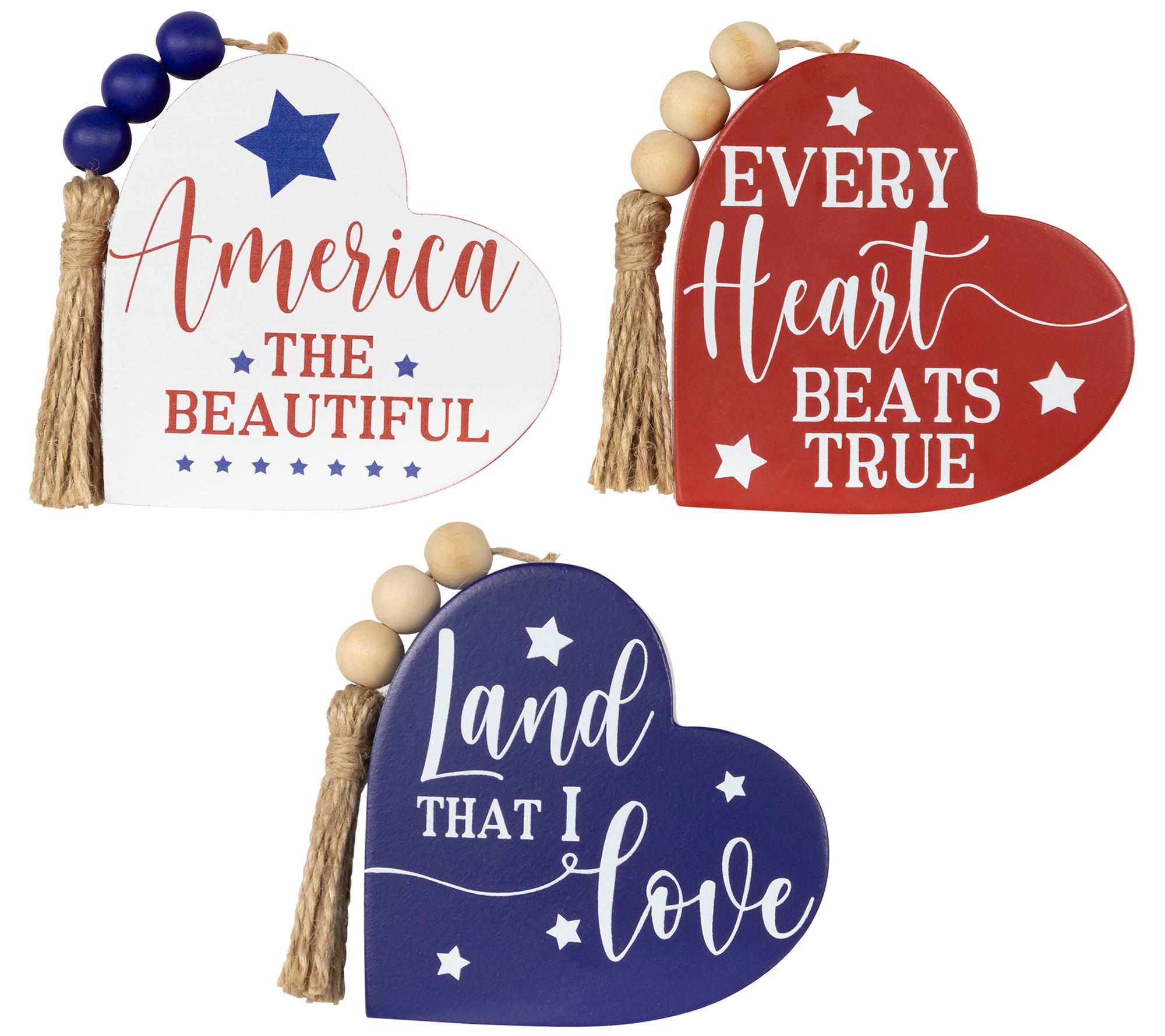 Northlight Patriotic Hearts with Tassels Wooden Signs - 3.75"