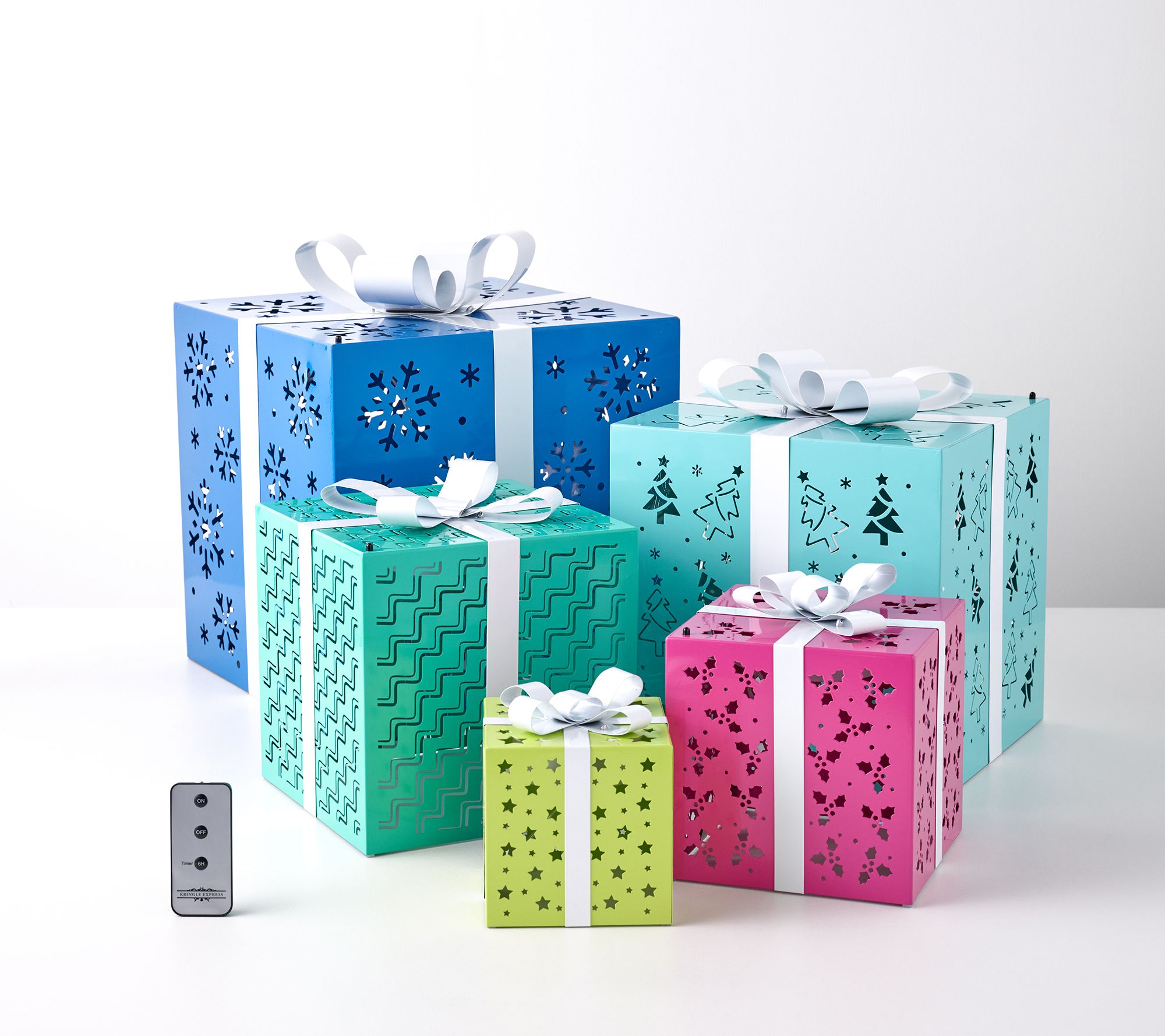 Kringle Express Set of 5 LED Metal Stacked Presents
