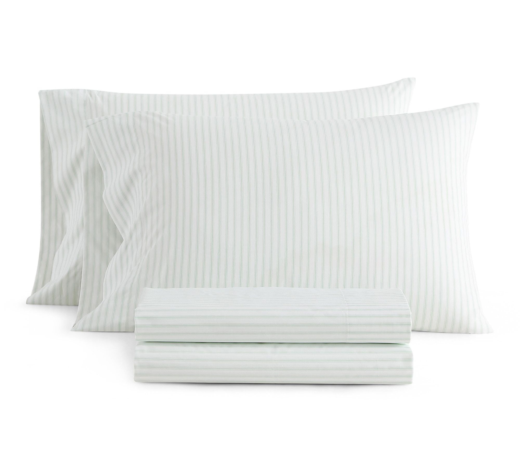 Martha Stewart Ticking Stripe Wht/Green CottonQueen Sheet Set