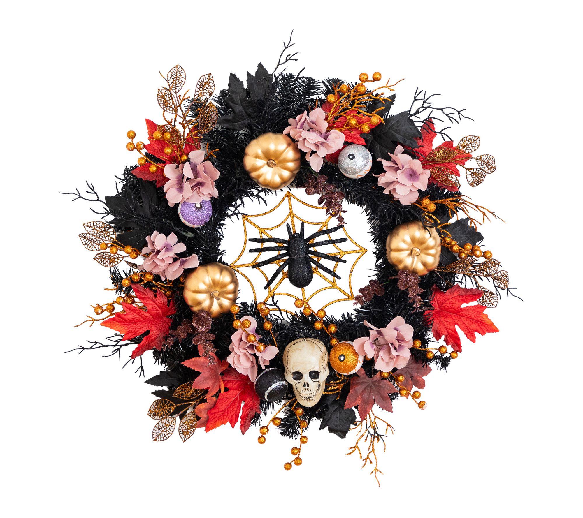 24-in Wreath with Skulls and Pumpkins by Nearly Natural