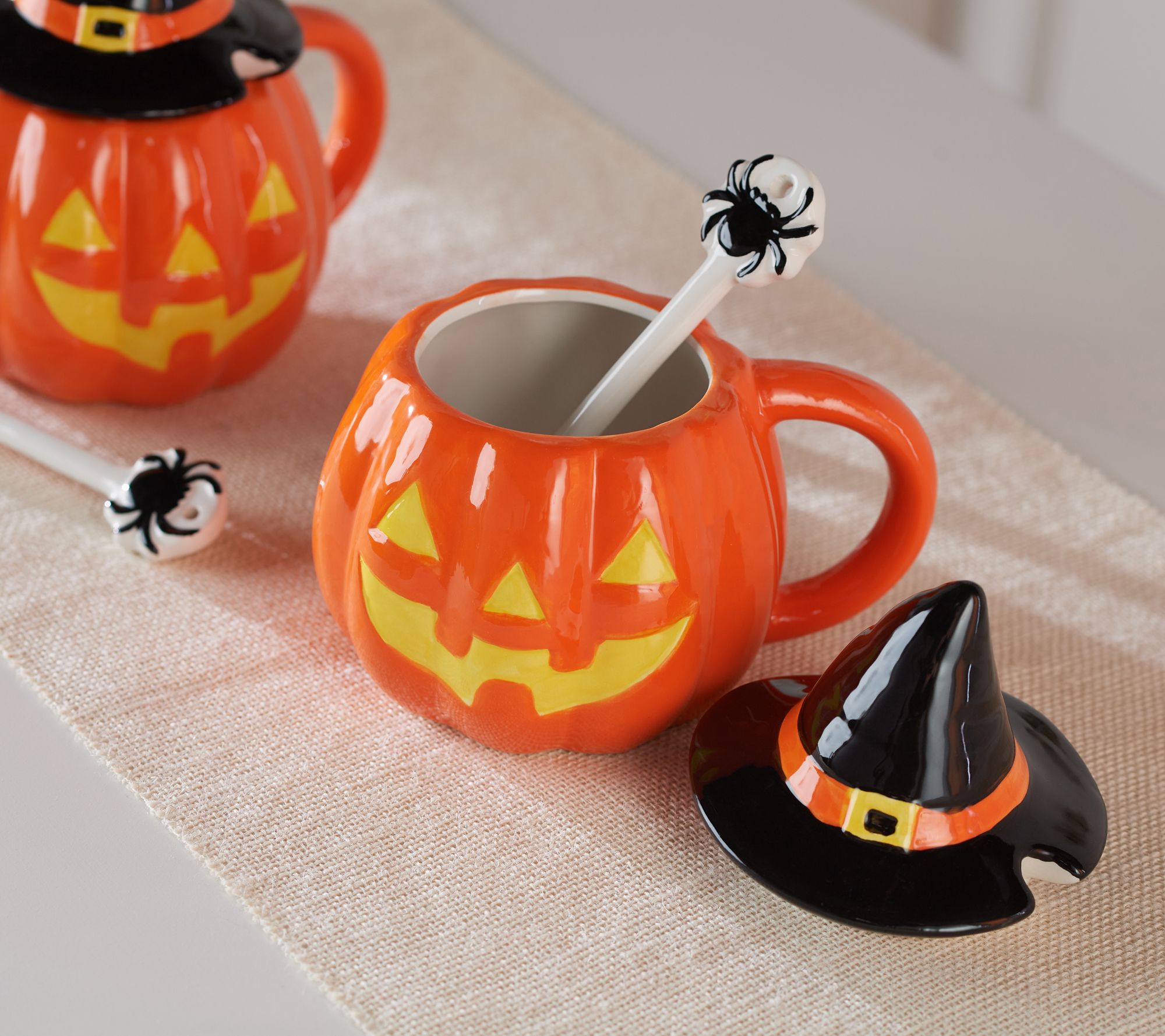Mr. Halloween Set of 2 Ceramic Mugs w/ Lids & Spoons
