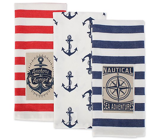 Design Imports Set of 3 Maritime Embellished Kitchen Towel Set