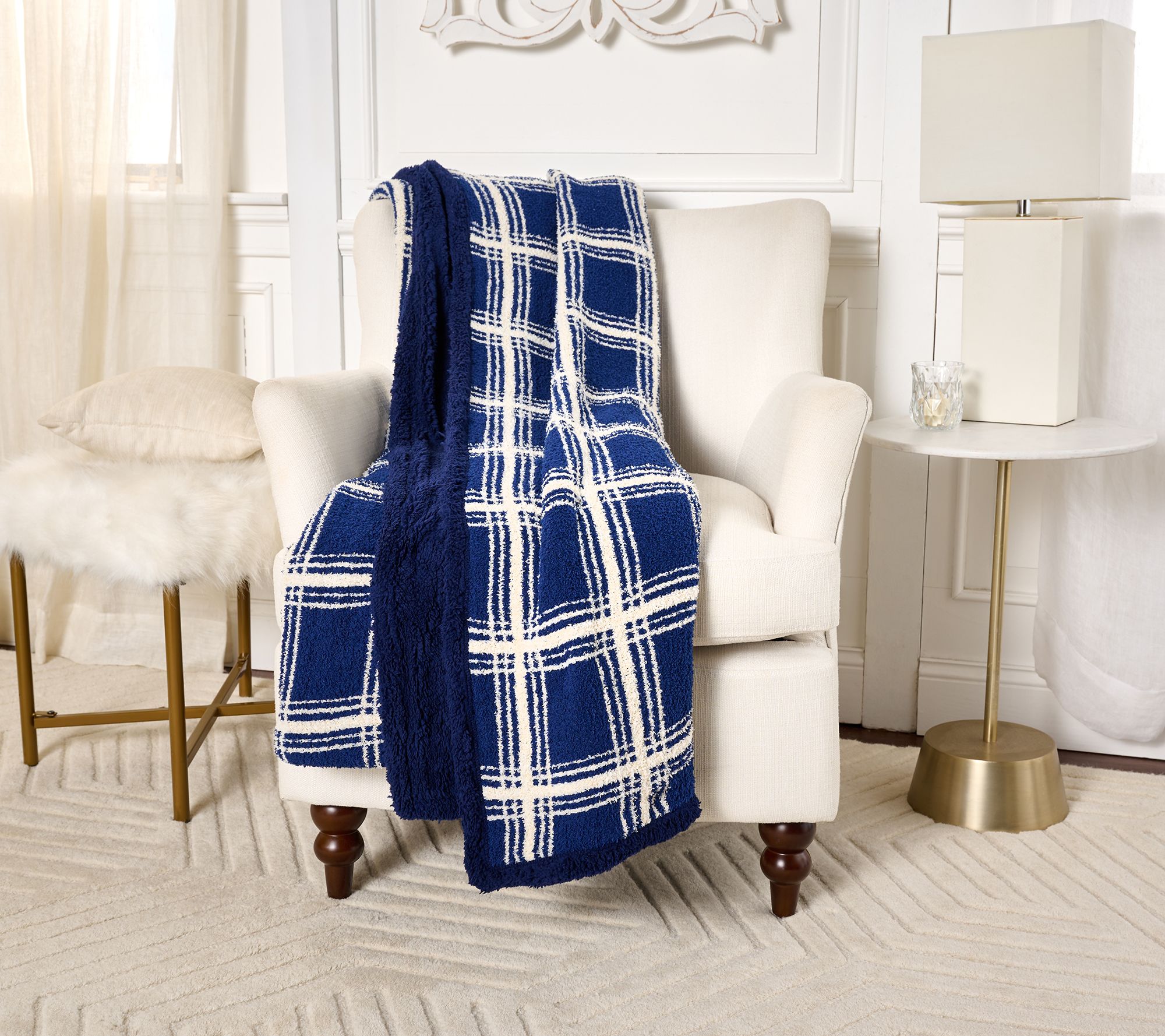60" x 70" Feather Knit w/ Sherpa Plaid Throw with Bag by Kim Gravel
